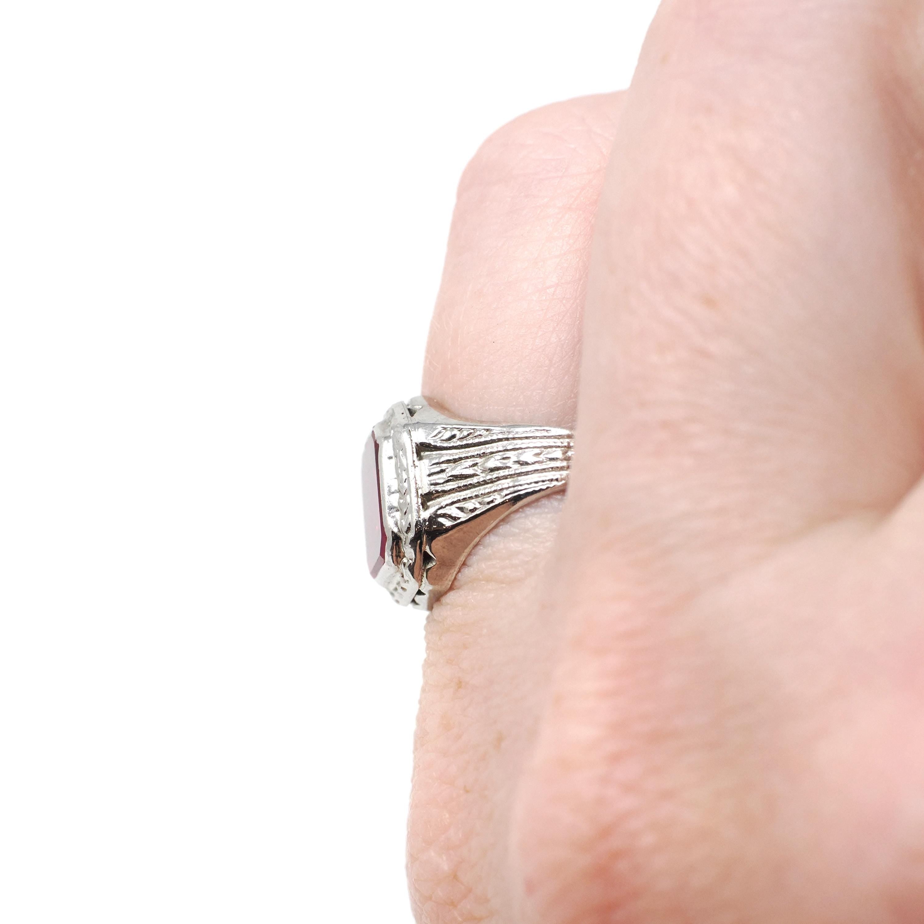 Art Deco Ring - Vintage 10k White Gold Bezel Set Created Red Ruby Gemstone - Circa 1930s Size 5 3/4 July Birthstone Fine Statement Jewelry
