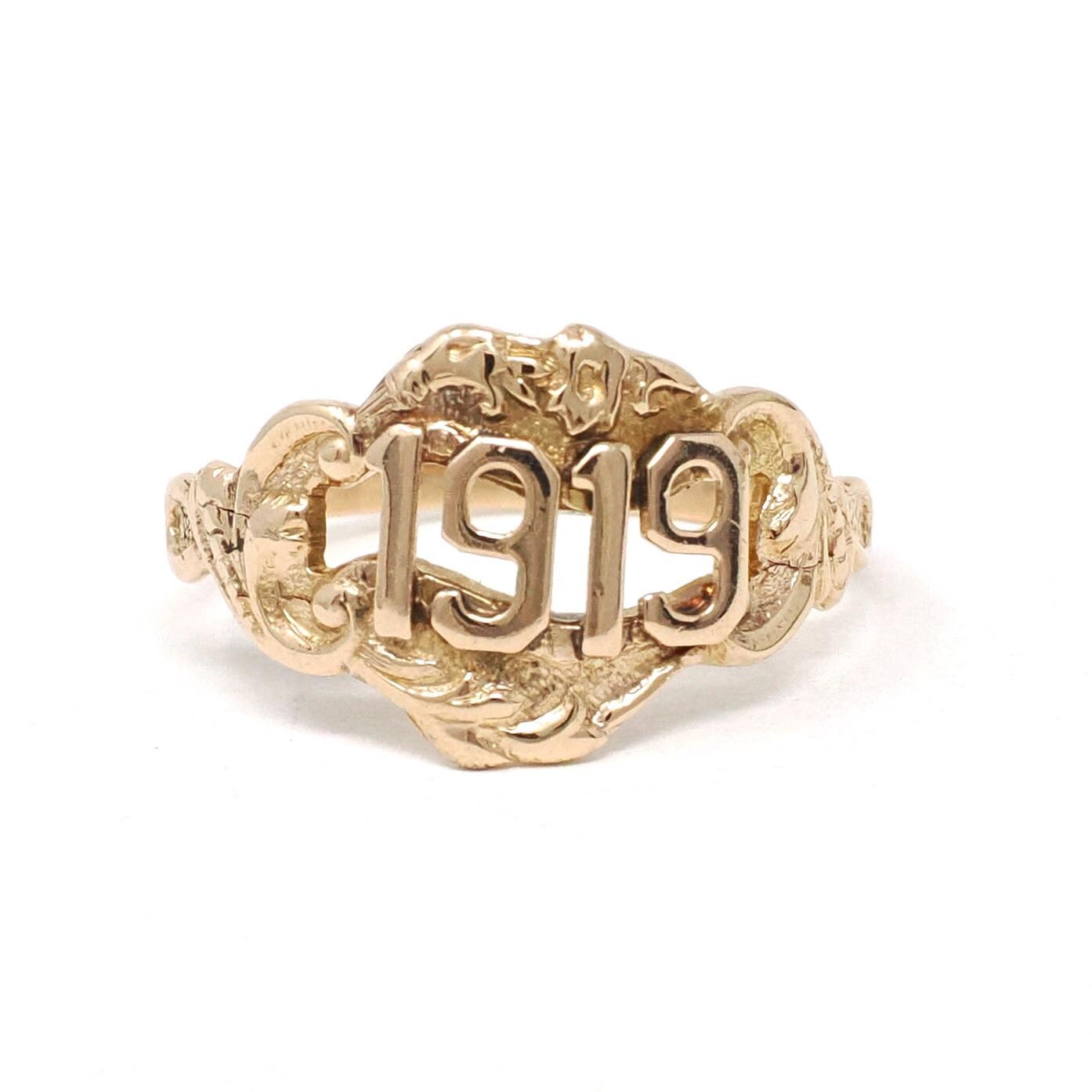 Dated 1919 Ring - Edwardian 14k Yellow Gold Year Statement Band - Antique Size 7 1/2 Roaring 20's Numbers Vintage Swirl Detail Fine Jewelry