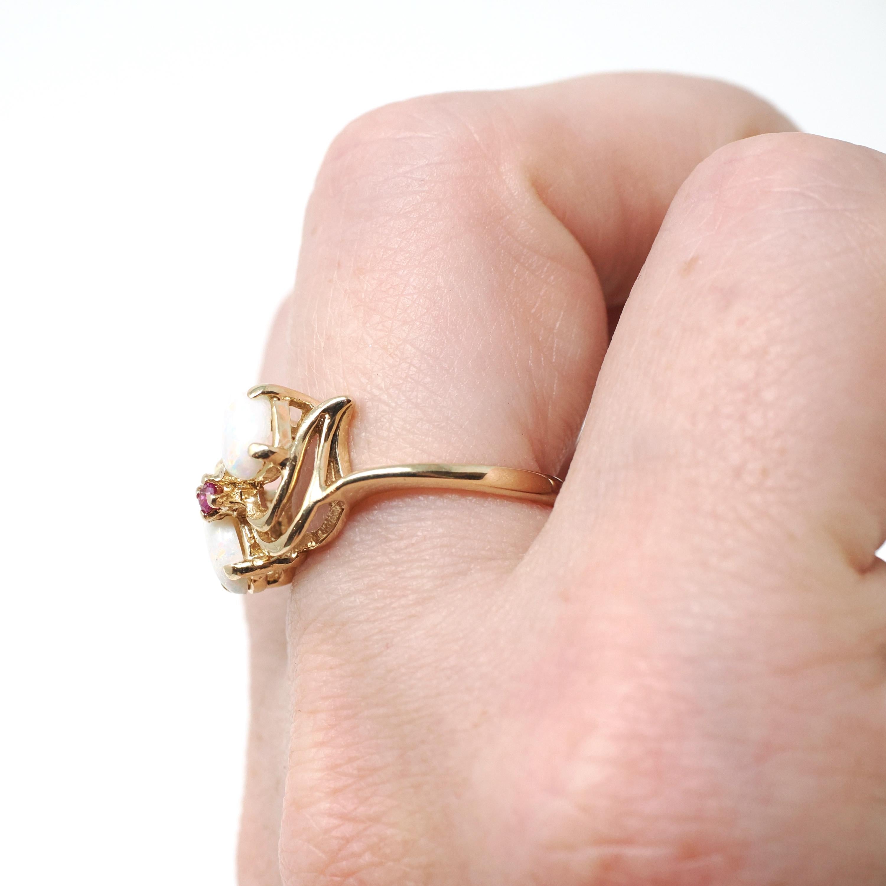 Opal & Ruby Ring - 14k Yellow Gold Natural Cabochon Cut Gemstone Band - Modern Estate Size 5 1/2 October Bypass Style Fine Statement Jewelry