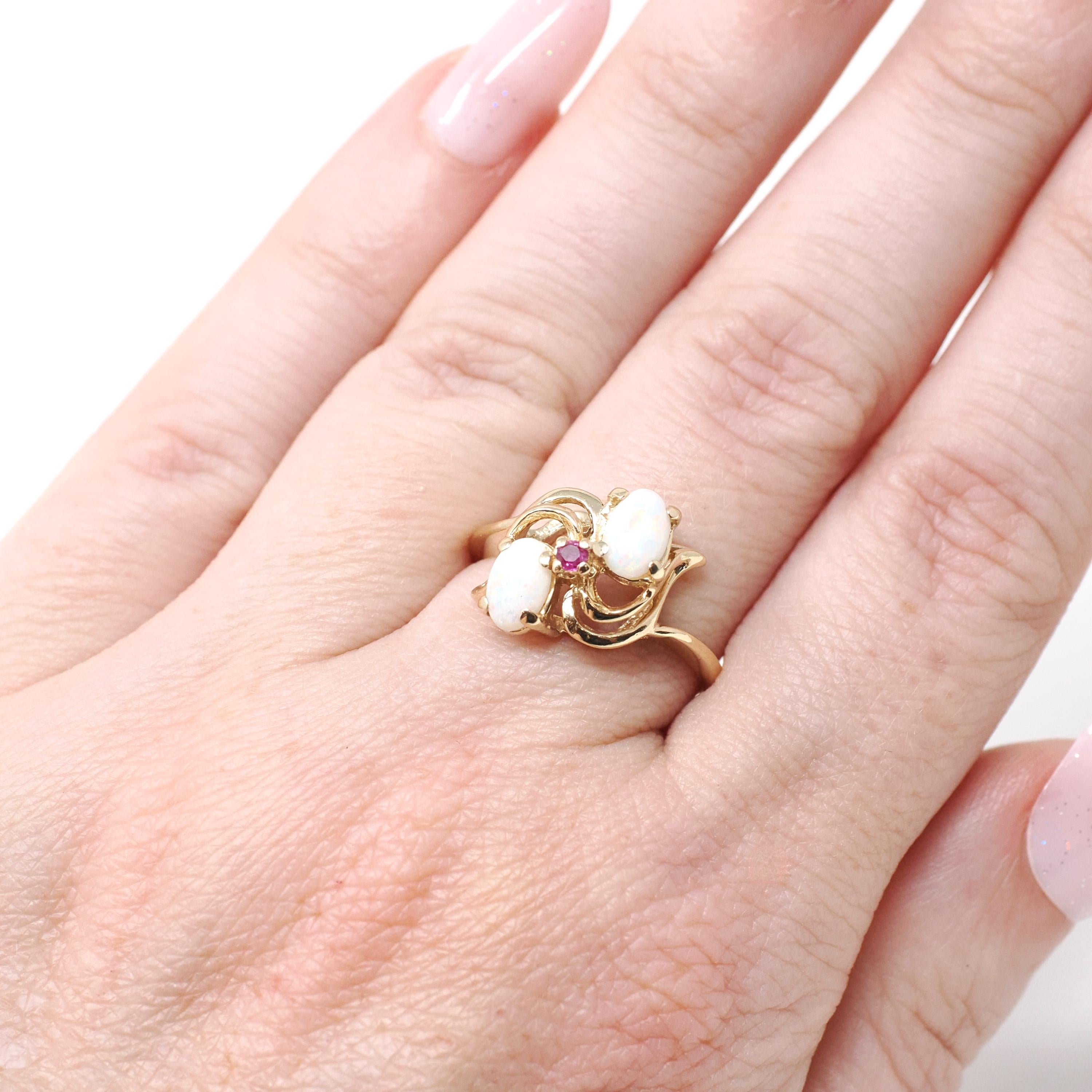Opal & Ruby Ring - 14k Yellow Gold Natural Cabochon Cut Gemstone Band - Modern Estate Size 5 1/2 October Bypass Style Fine Statement Jewelry