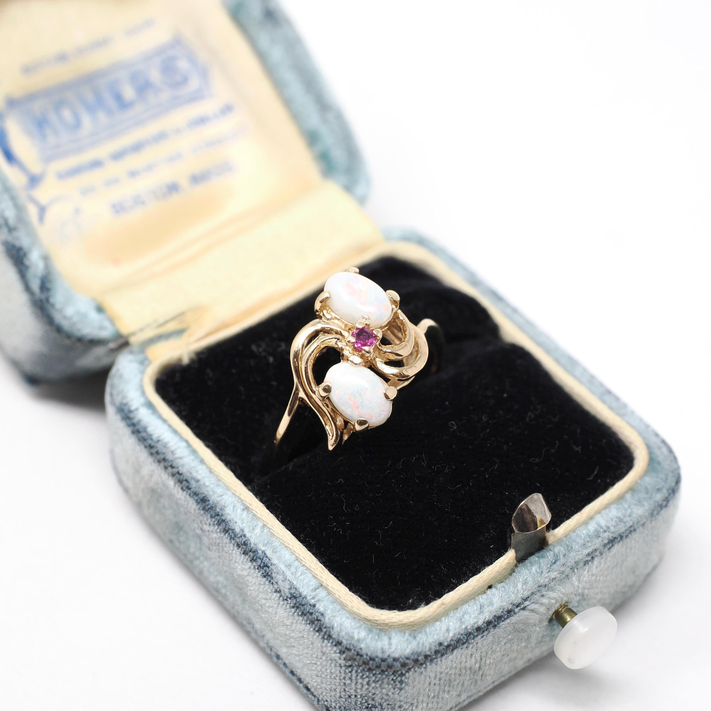 Opal & Ruby Ring - 14k Yellow Gold Natural Cabochon Cut Gemstone Band - Modern Estate Size 5 1/2 October Bypass Style Fine Statement Jewelry