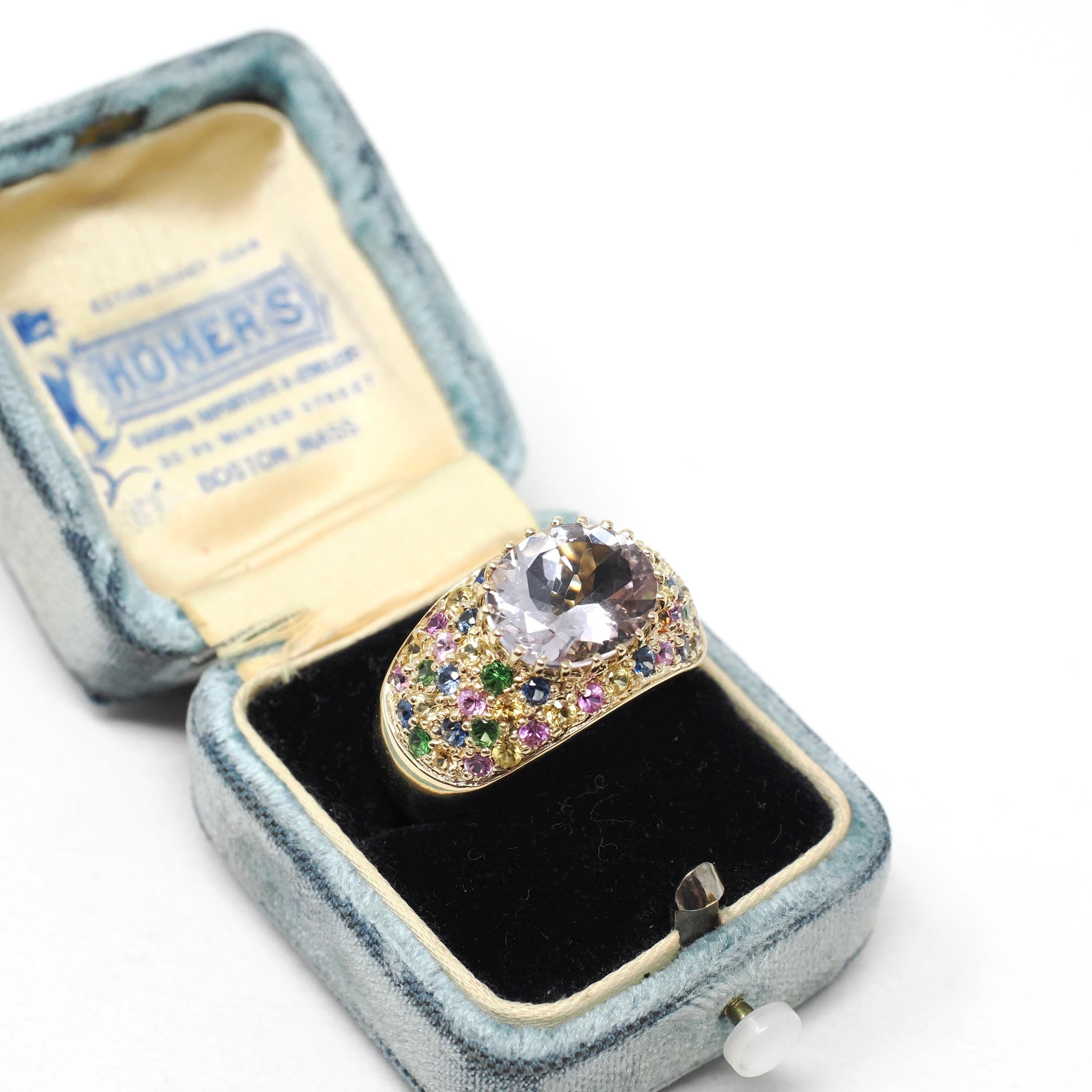 Amethyst Rainbow Ring - Modern 14k Yellow Gold Natural Pale Purple Gem Sapphire & Emerald - Estate Size 9.25 Pave Set Dome Band Fine Jewelry