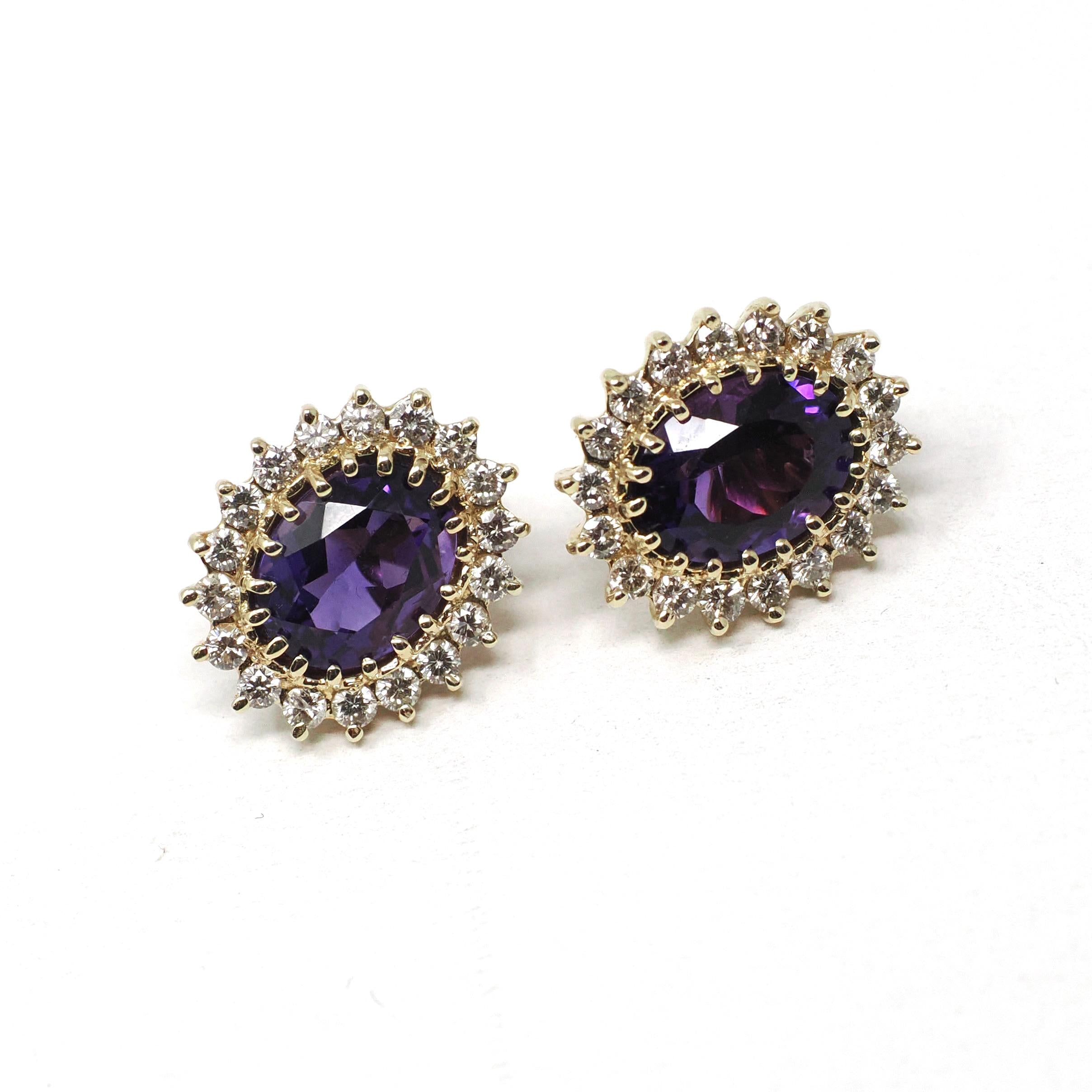 Amethyst & Diamond Halo Earrings - Modern 14k Yellow Gold Pierced Post Push Back Cluster Gem Studs - Estate Circa 2000's Era Purple Jewelry