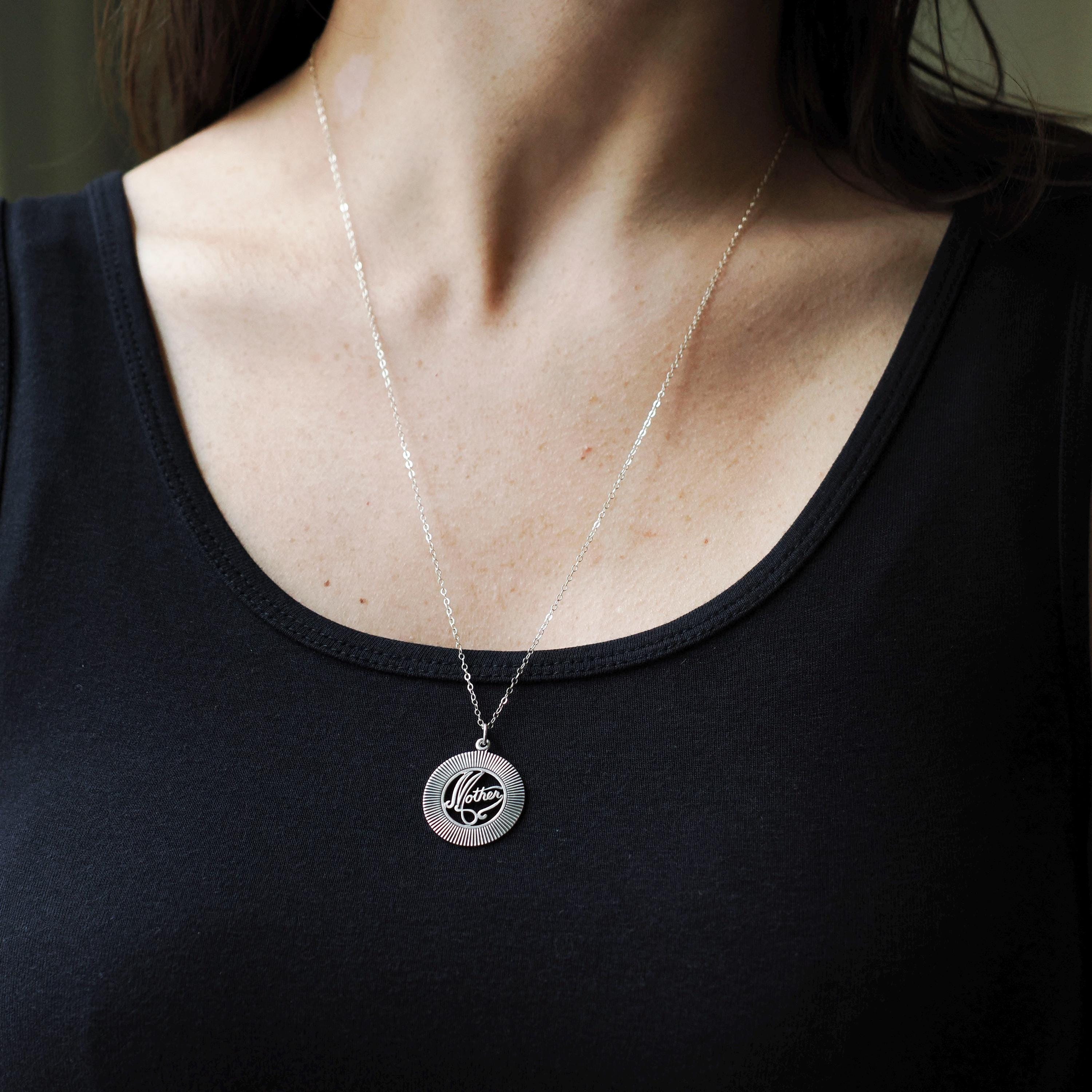 Vintage Mother Necklace - Retro Sterling Silver Round Medallion Charm Pendant - Circa 1970s Era Mom Love Token Mothers Day Gift Jewelry