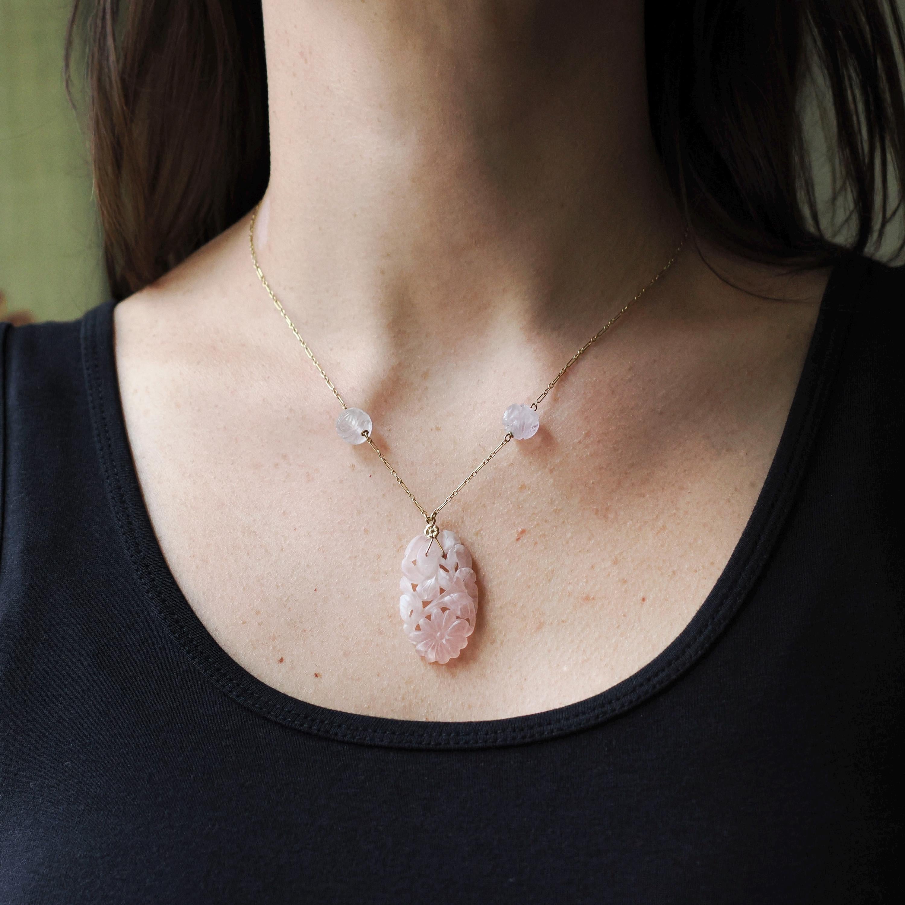 Carved Rose Quartz Necklace - Vintage Art Deco 14k Yellow Gold Natural Pink Gemstones - Circa 1930s Era Statement Beaded Flower Fine Jewelry