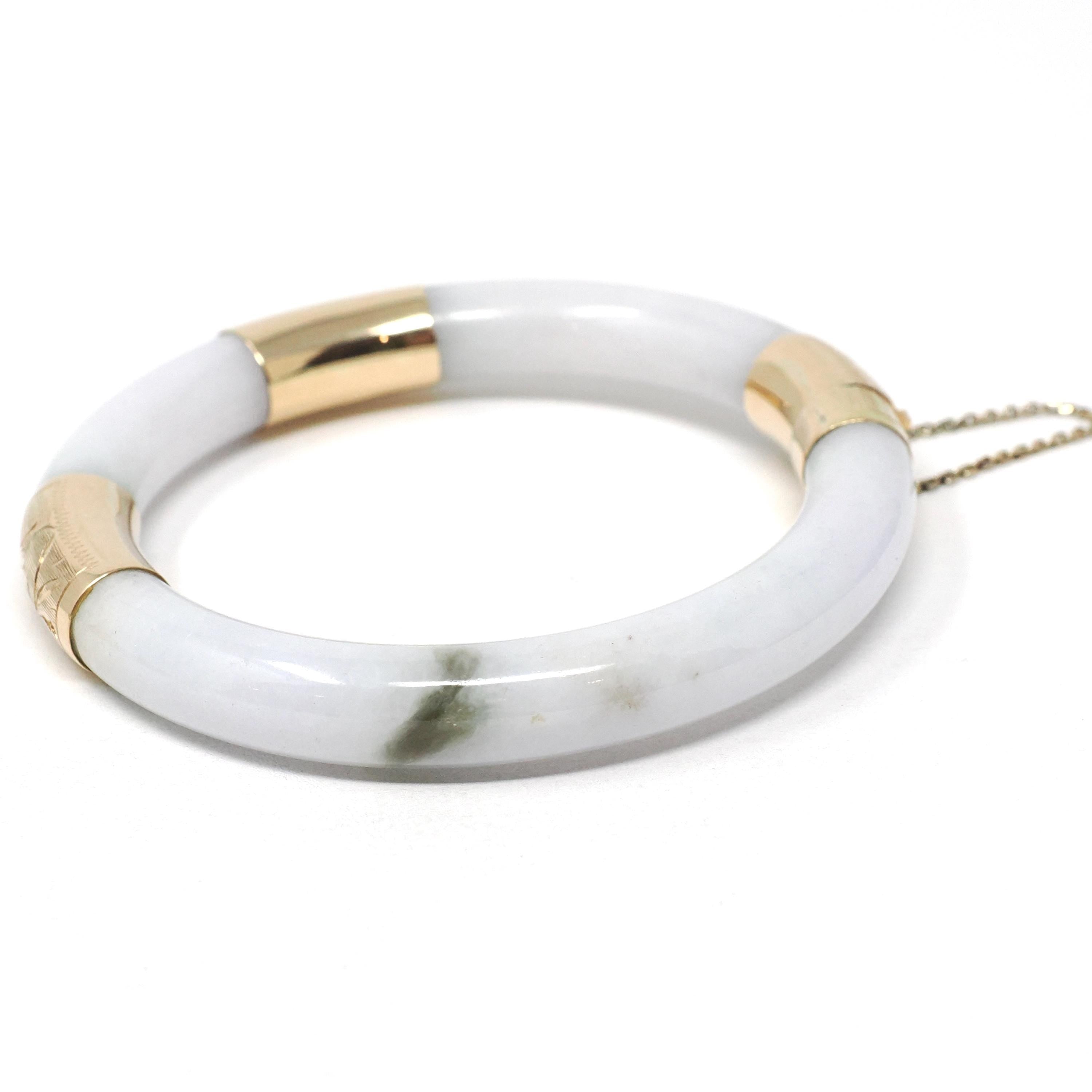 Retro Era Jade Bangle - Vintage 14k Yellow Gold Green Jadeite Hinged Cuff Bracelet - Circa 1960s Era Yuan Man Unity Fine Chinese Jewelry