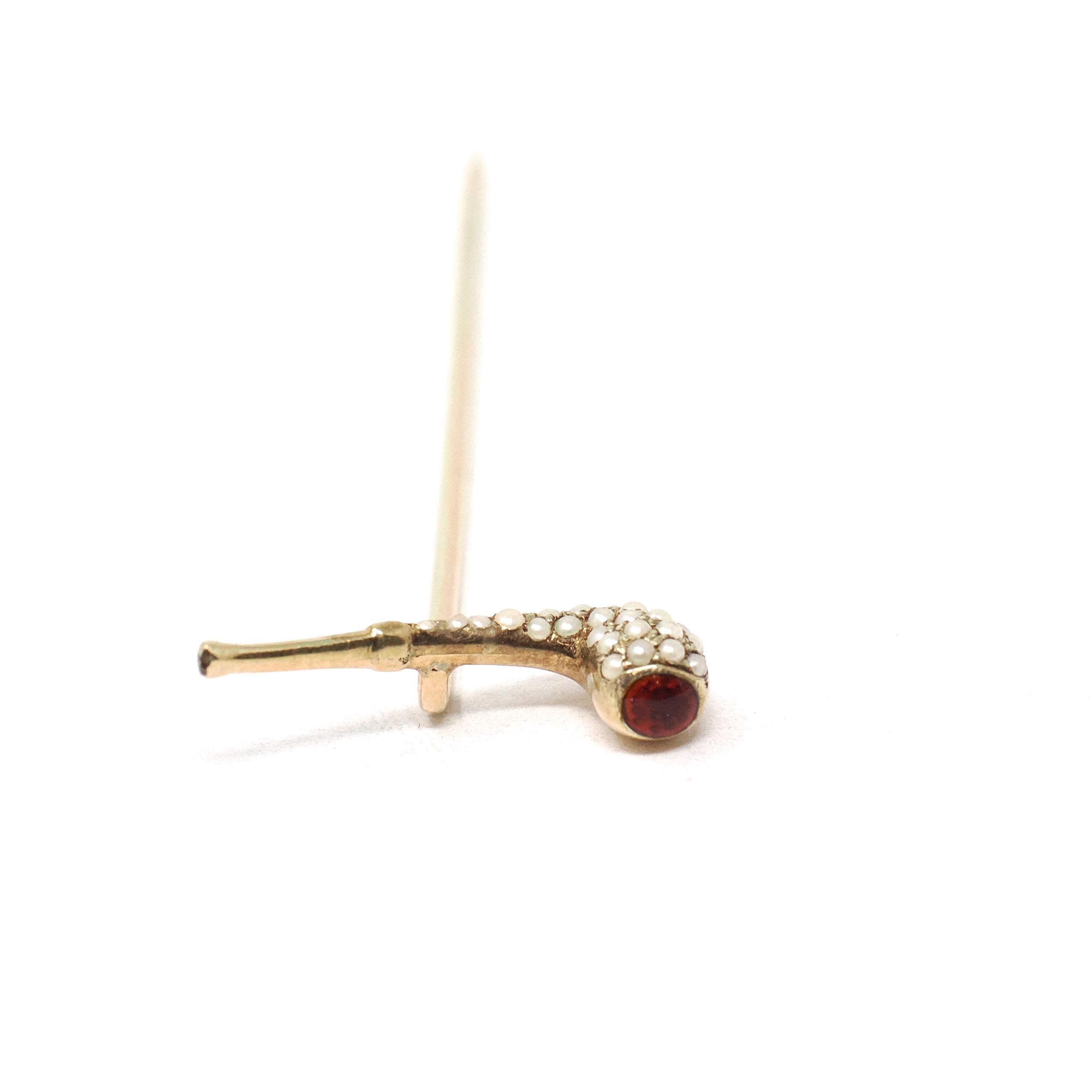 Antique Smoking Pipe Pin - Edwardian 14k Yellow Gold Red Enamel & Faux Pearls - Circa Early 1900s Era Mens Unisex Scarf Hat Tie Fine Jewelry