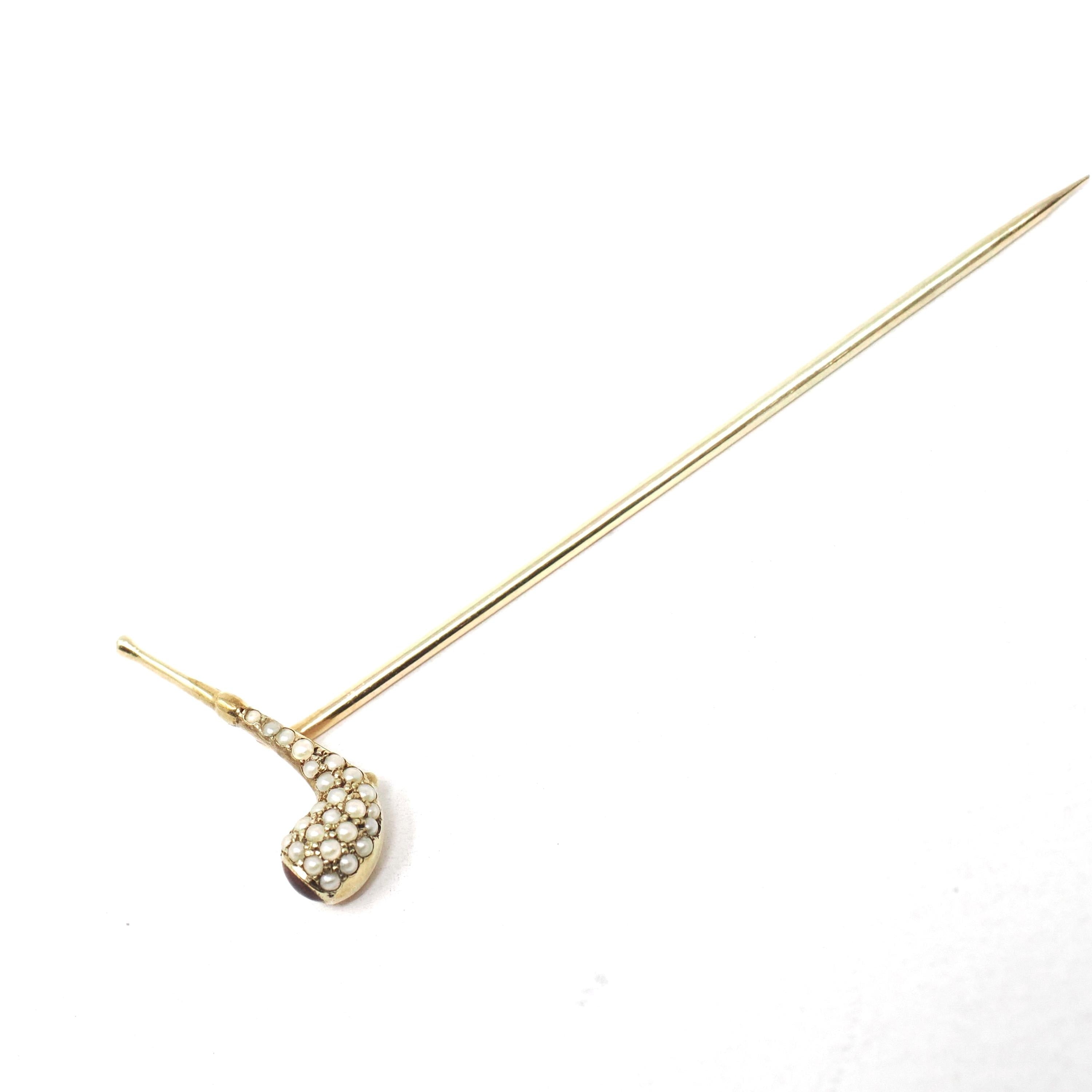Antique Smoking Pipe Pin - Edwardian 14k Yellow Gold Red Enamel & Faux Pearls - Circa Early 1900s Era Mens Unisex Scarf Hat Tie Fine Jewelry
