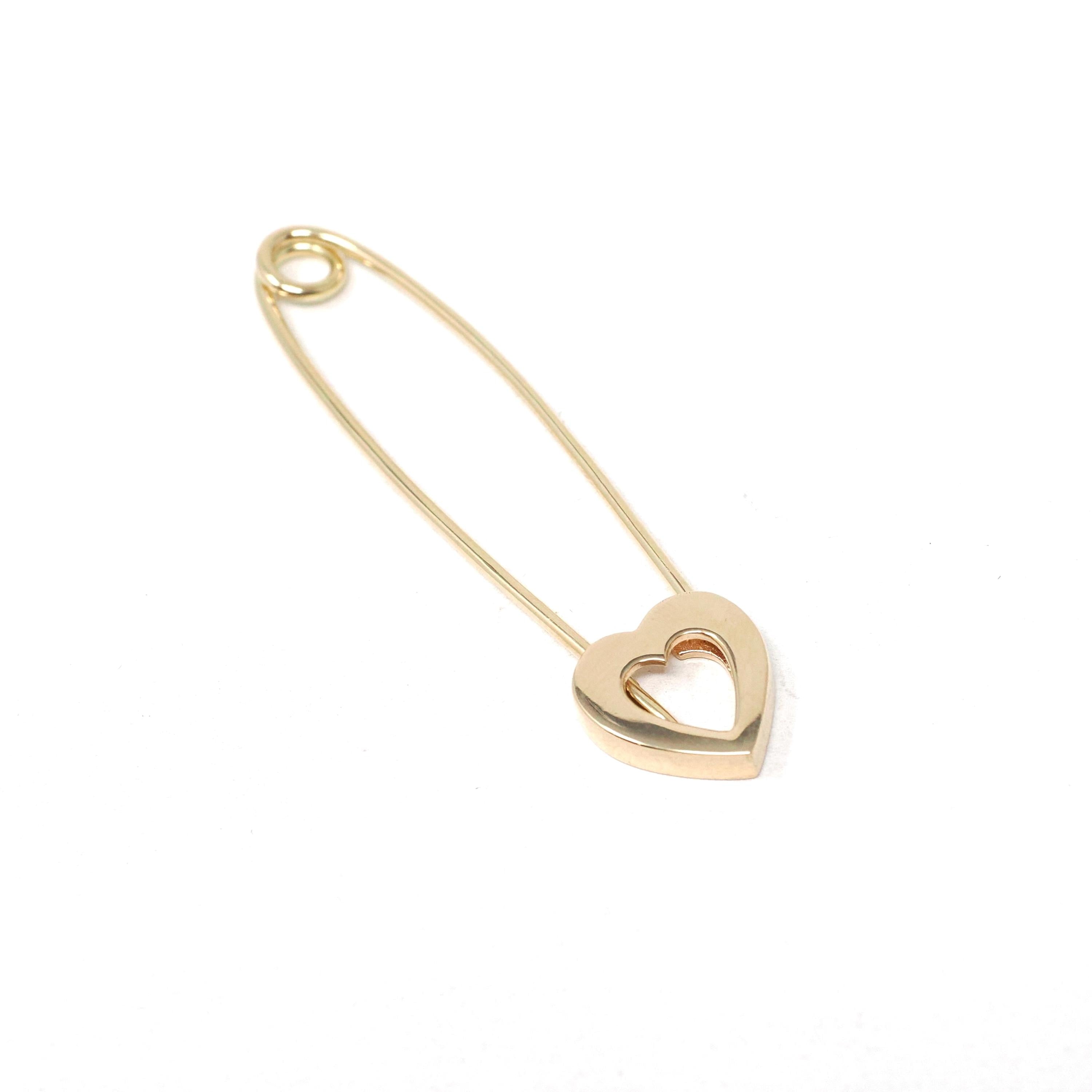 Solid Gold Heart Safety Pin - Modern Era 14k Yellow Gold Guard Fastener Charm Holder - Estate 2000s Fashion Accessory Fine Keepsake Brooch