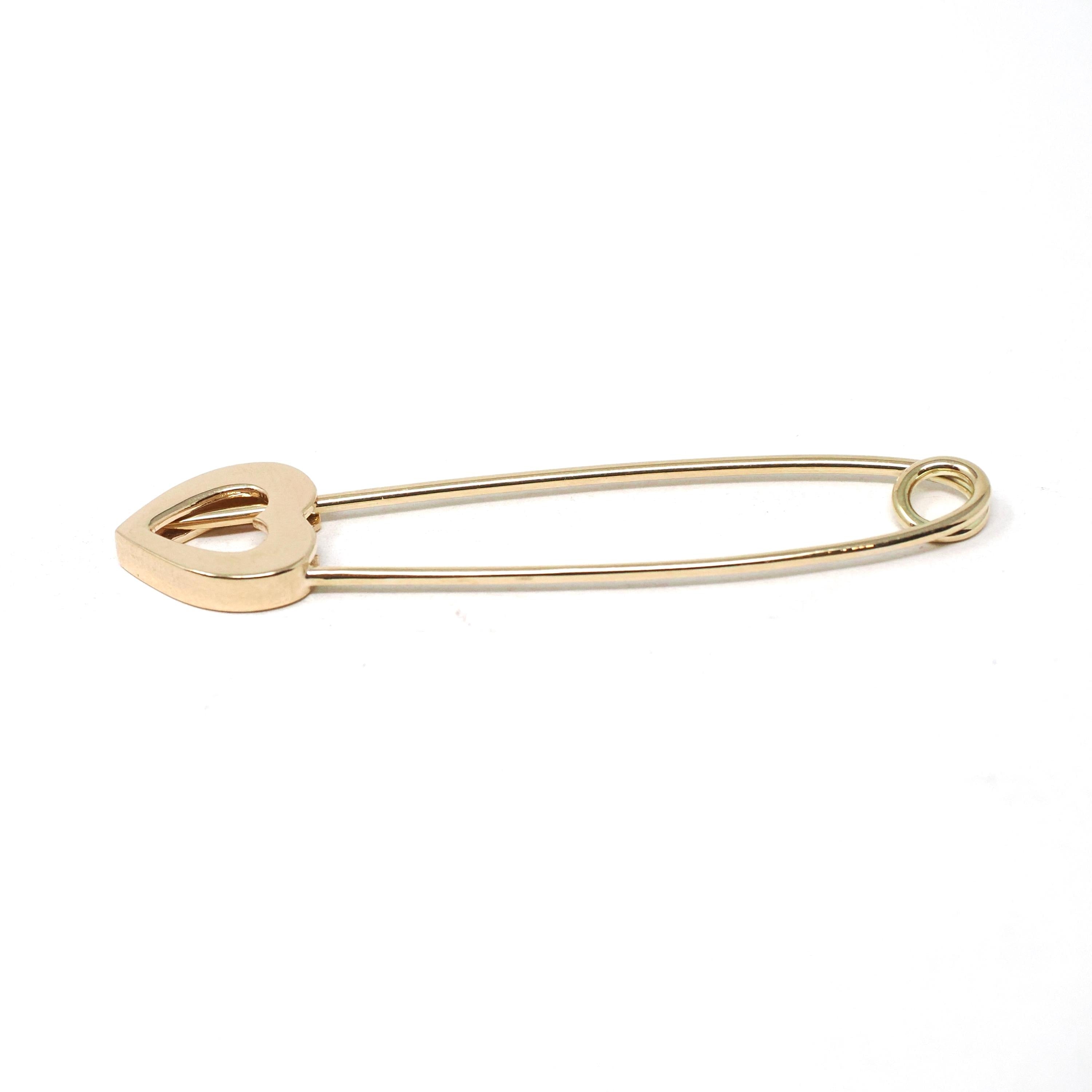 Solid Gold Heart Safety Pin - Modern Era 14k Yellow Gold Guard Fastener Charm Holder - Estate 2000s Fashion Accessory Fine Keepsake Brooch