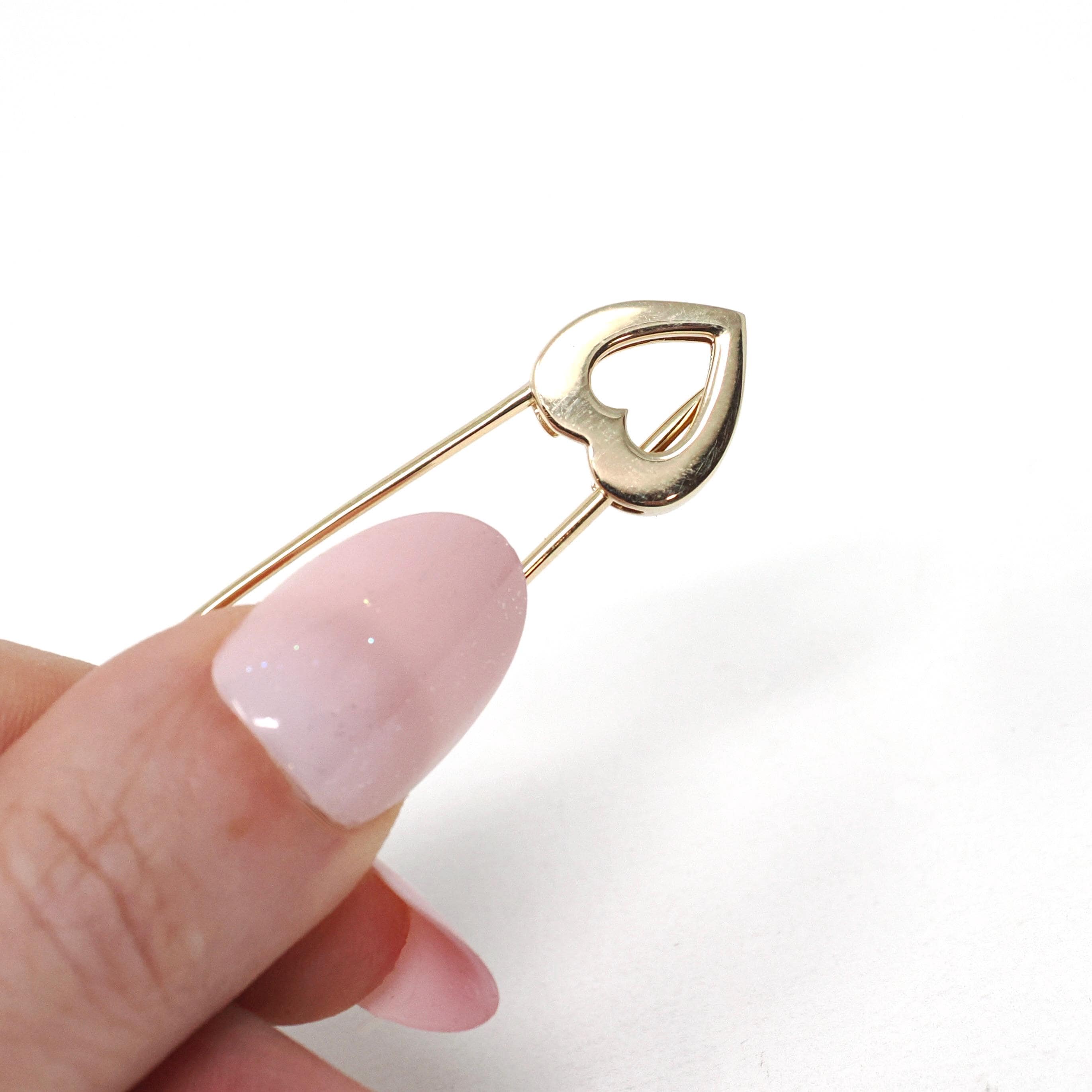 Solid Gold Heart Safety Pin - Modern Era 14k Yellow Gold Guard Fastener Charm Holder - Estate 2000s Fashion Accessory Fine Keepsake Brooch