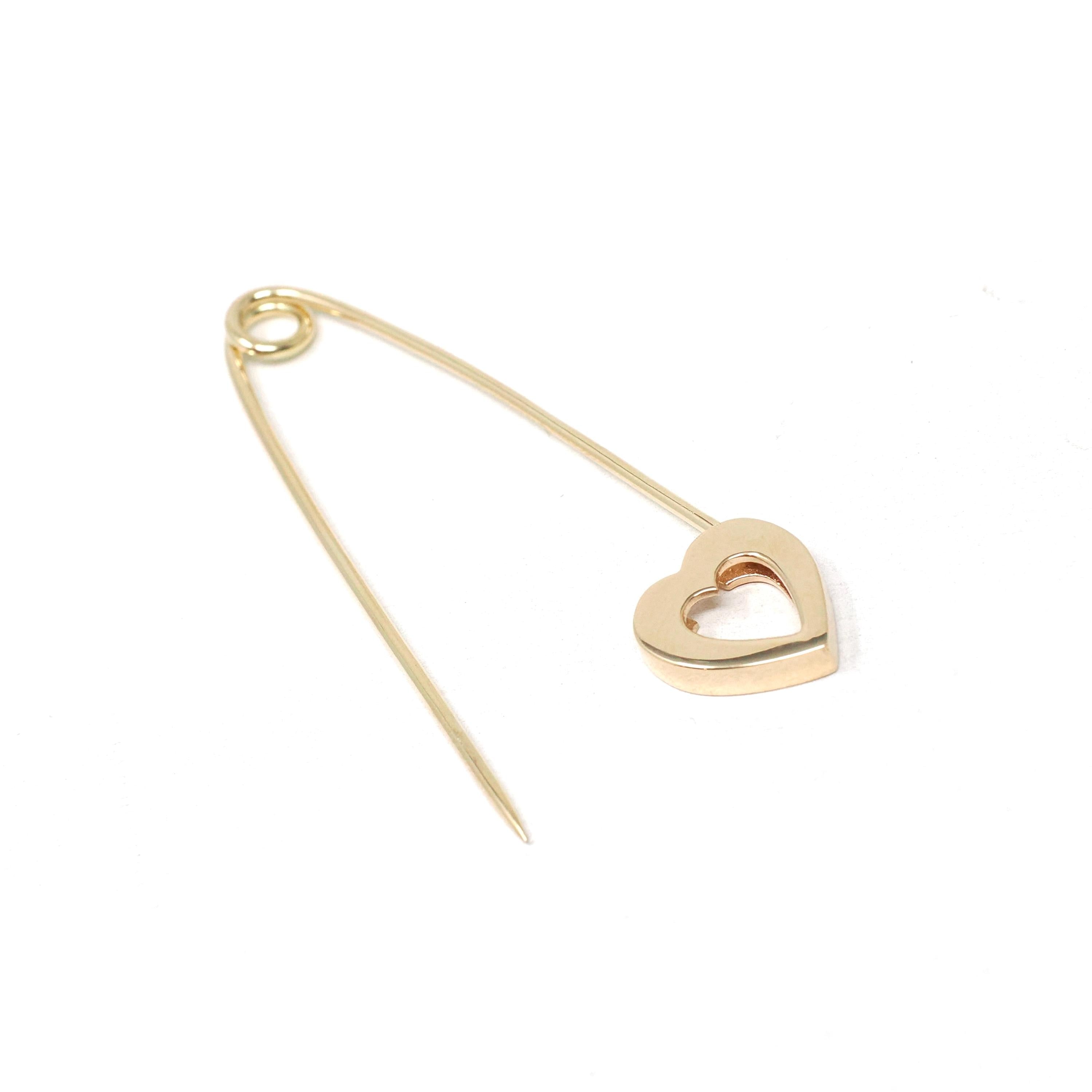 Solid Gold Heart Safety Pin - Modern Era 14k Yellow Gold Guard Fastener Charm Holder - Estate 2000s Fashion Accessory Fine Keepsake Brooch