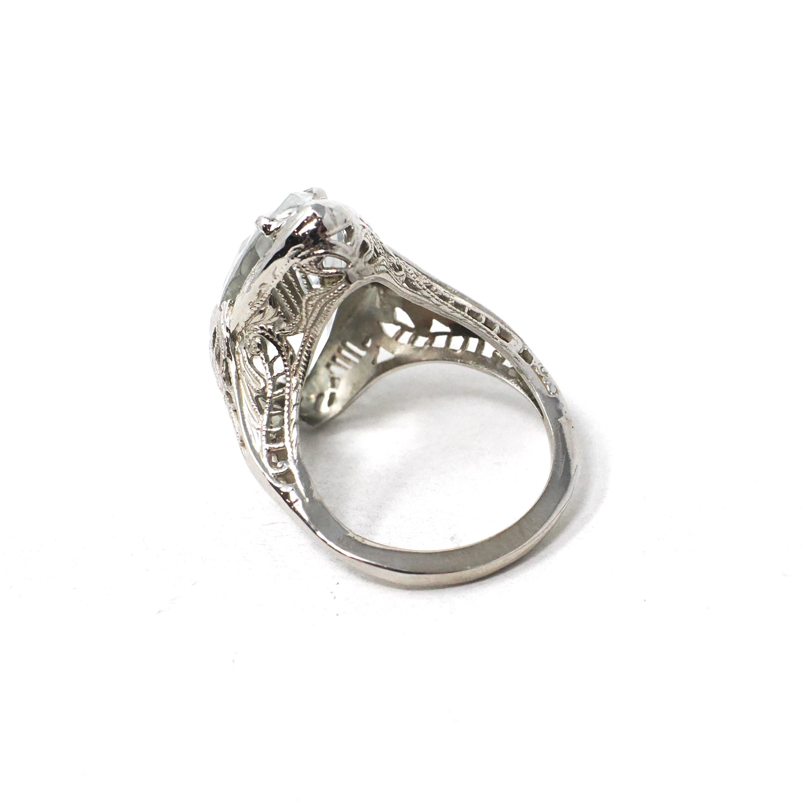 Vintage Aquamarine Ring - Art Deco 14k White Gold Blue Marquise Gemstone - Circa 1930s Era Size 4 Filigree March Birthstone Fine Jewelry
