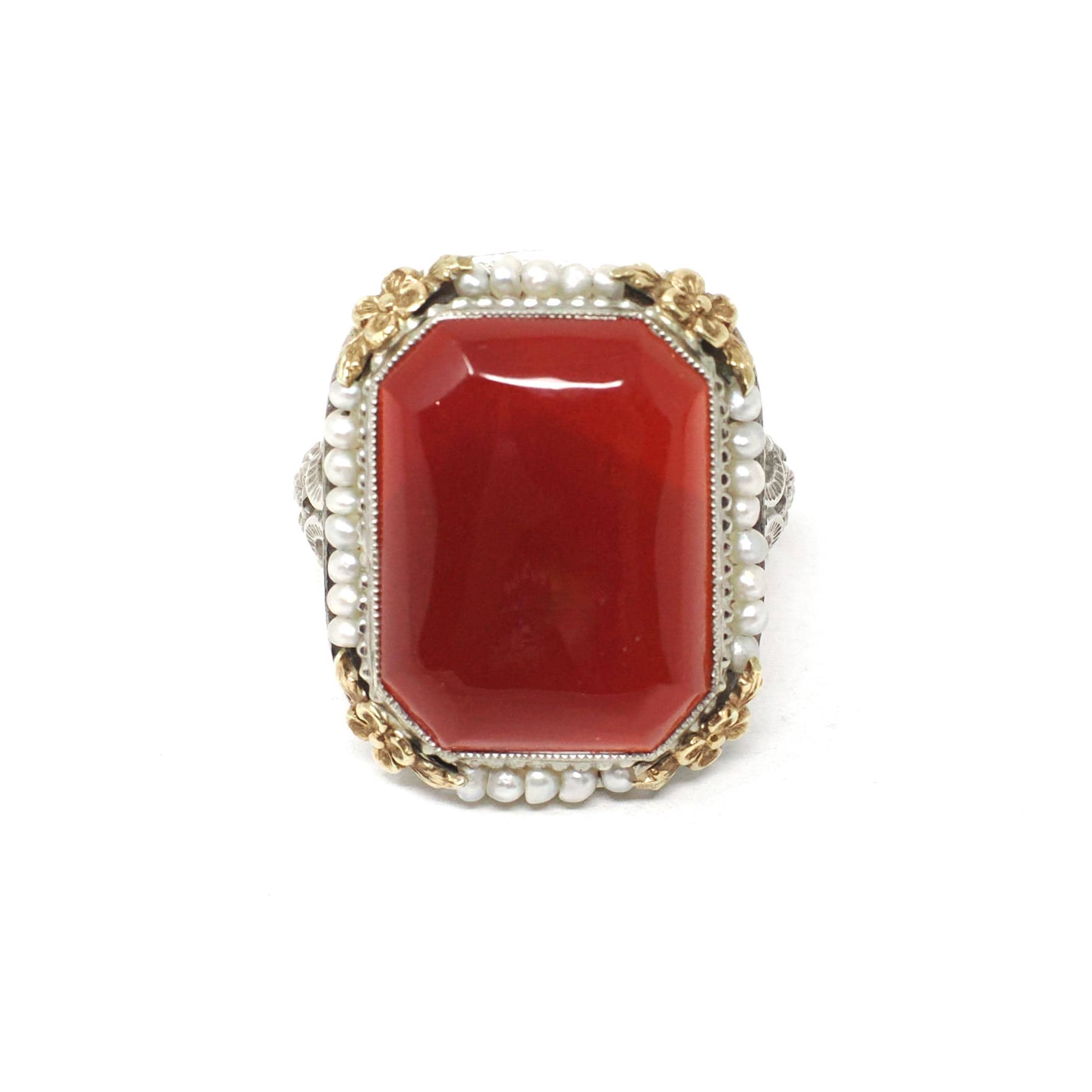 Art Deco Ring - Vintage 14k White Gold Natural Red Carnelian & Seed Pearl Halo - Circa 1930s Size 5 Two Tone Floral Filigree Fine Jewelry