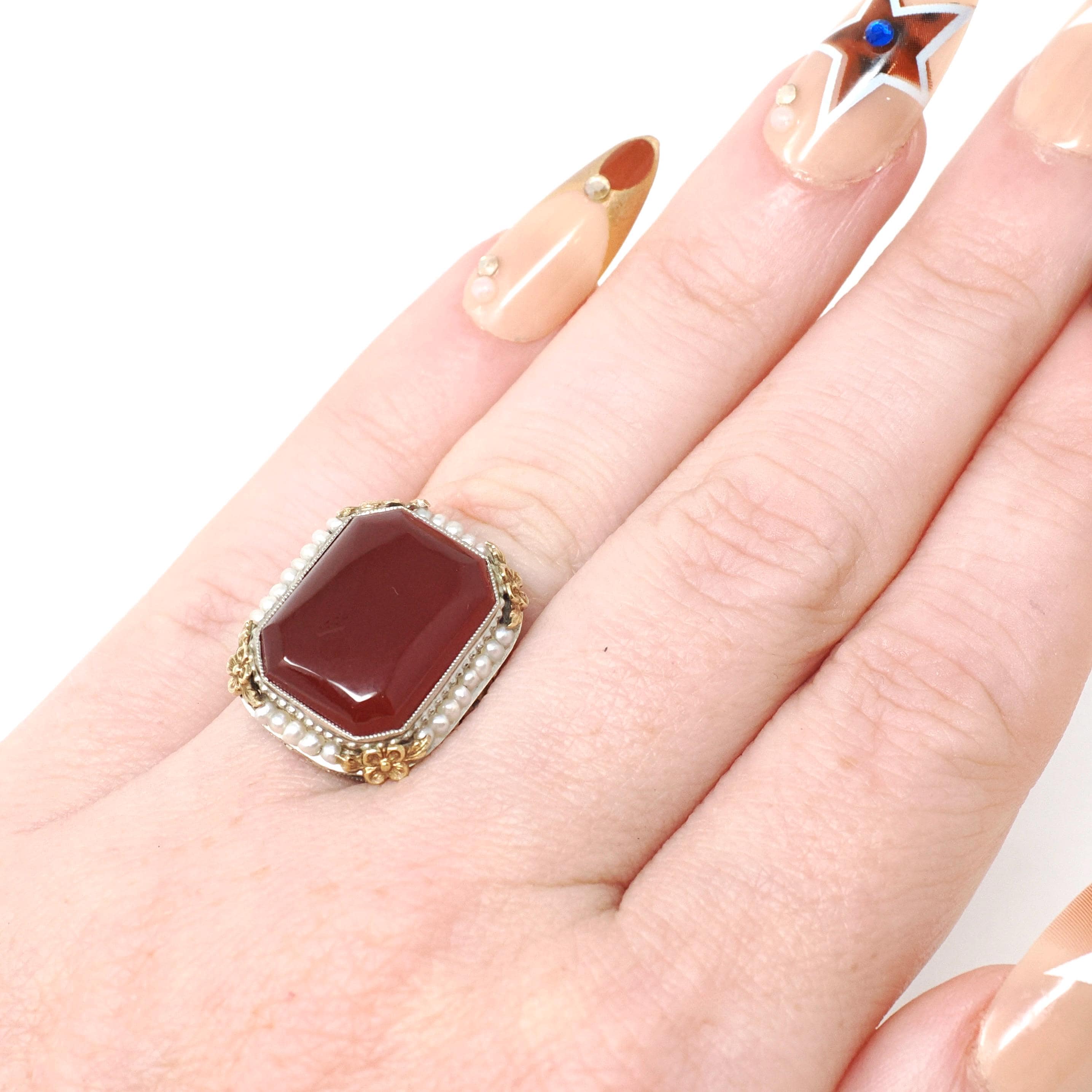 Art Deco Ring - Vintage 14k White Gold Natural Red Carnelian & Seed Pearl Halo - Circa 1930s Size 5 Two Tone Floral Filigree Fine Jewelry