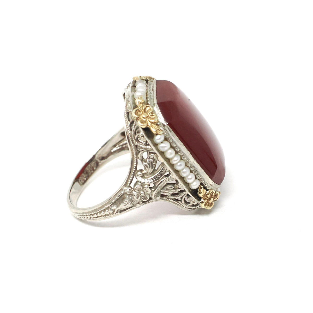 Art Deco Ring - Vintage 14k White Gold Natural Red Carnelian & Seed Pearl Halo - Circa 1930s Size 5 Two Tone Floral Filigree Fine Jewelry