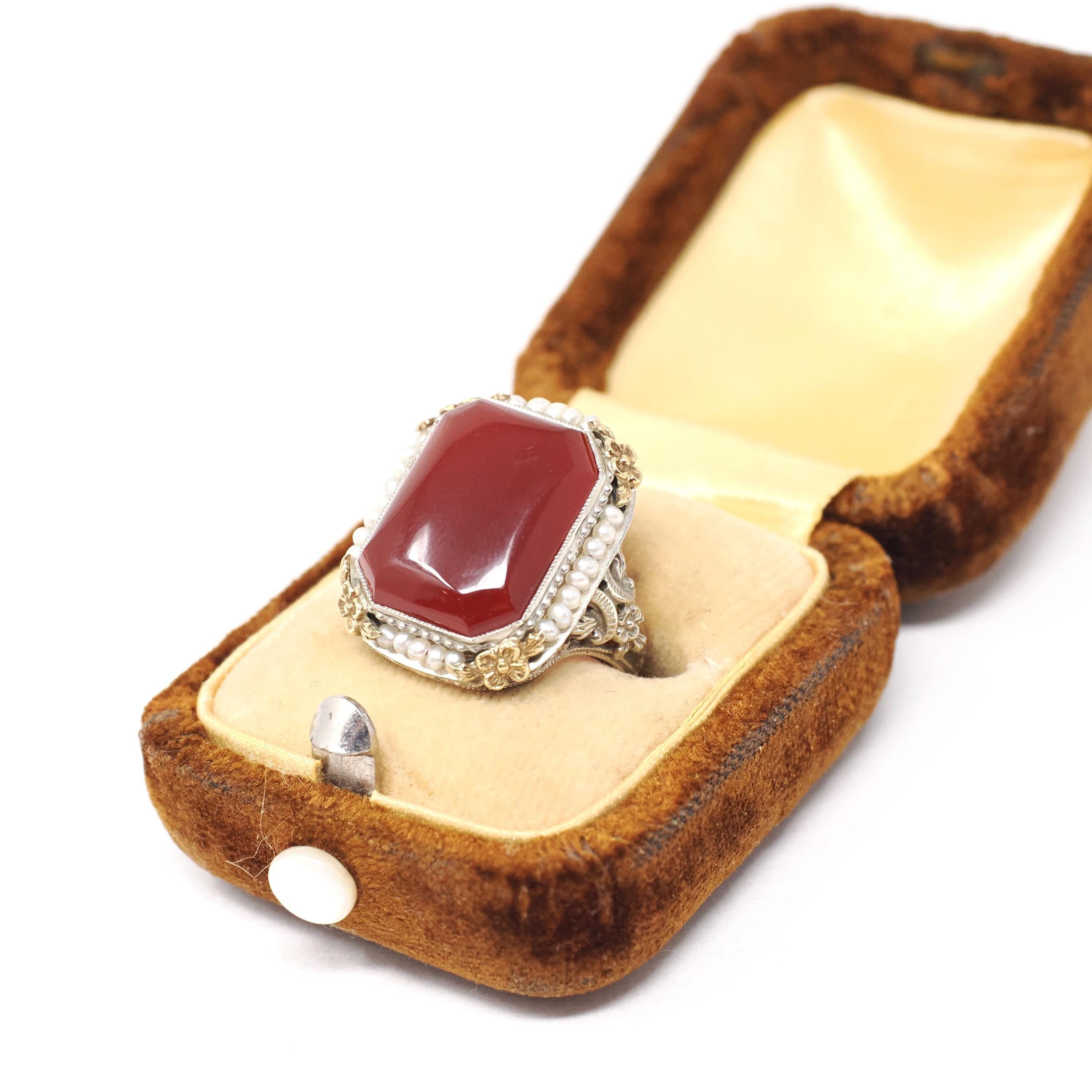 Art Deco Ring - Vintage 14k White Gold Natural Red Carnelian & Seed Pearl Halo - Circa 1930s Size 5 Two Tone Floral Filigree Fine Jewelry