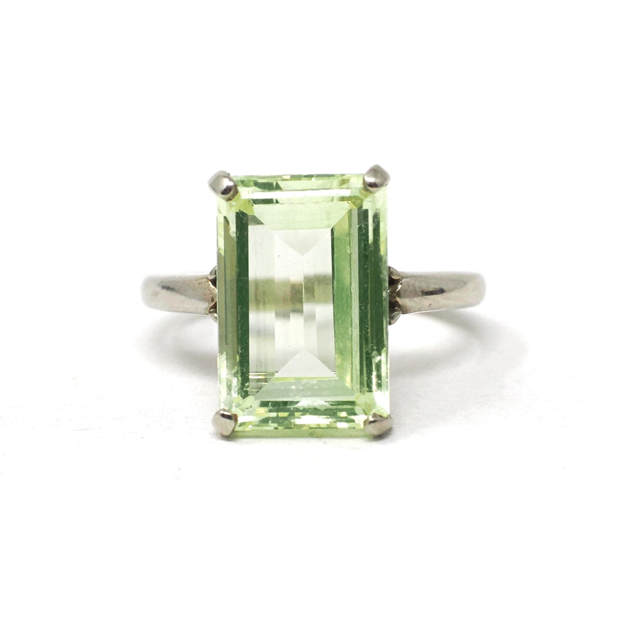 Created Spinel Ring - Retro 10k White Gold Emerald Cut Green Stone - Vintage Circa 1960s Era Size 3 Statement Fine August Birthstone Jewelry