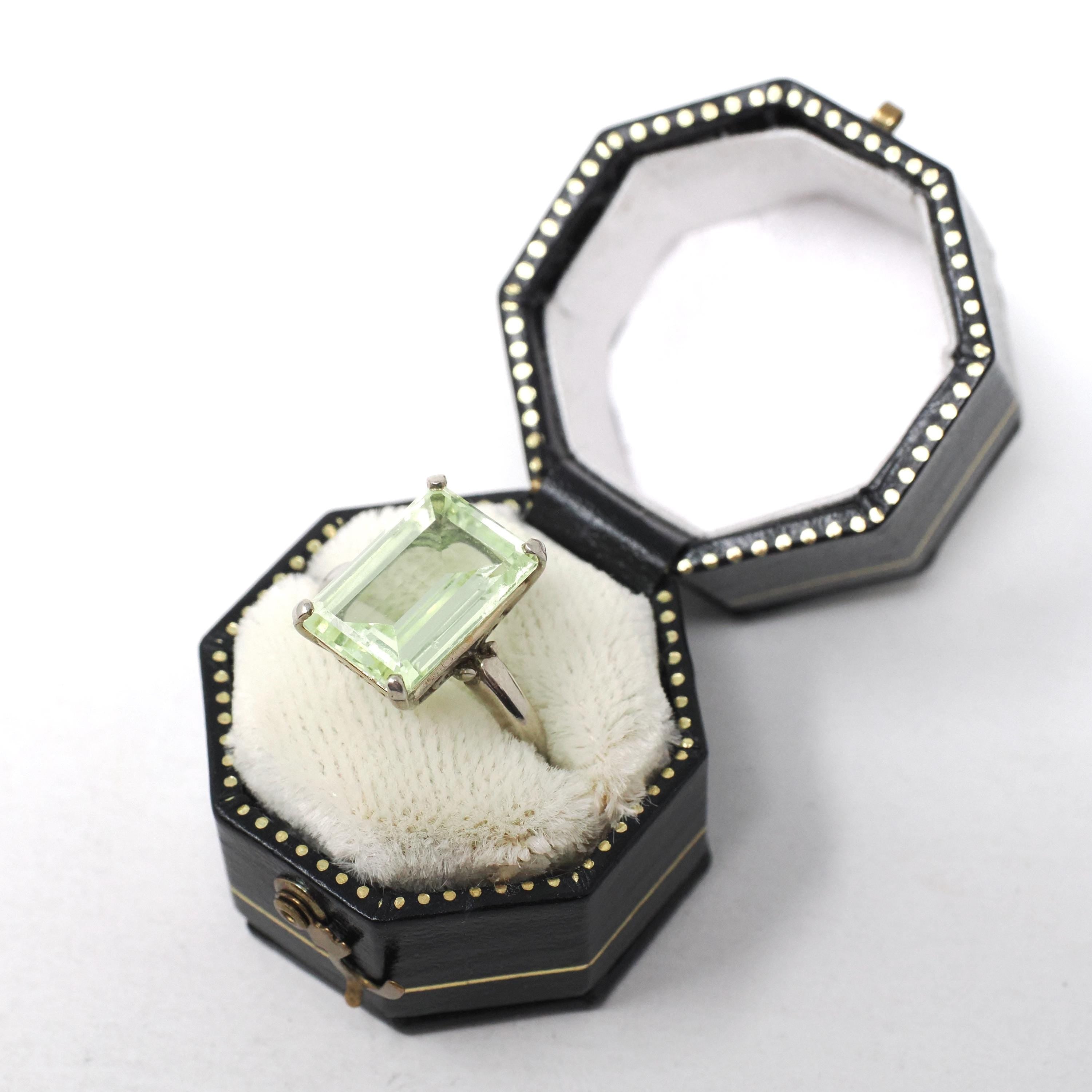 Created Spinel Ring - Retro 10k White Gold Emerald Cut Green Stone - Vintage Circa 1960s Era Size 3 Statement Fine August Birthstone Jewelry