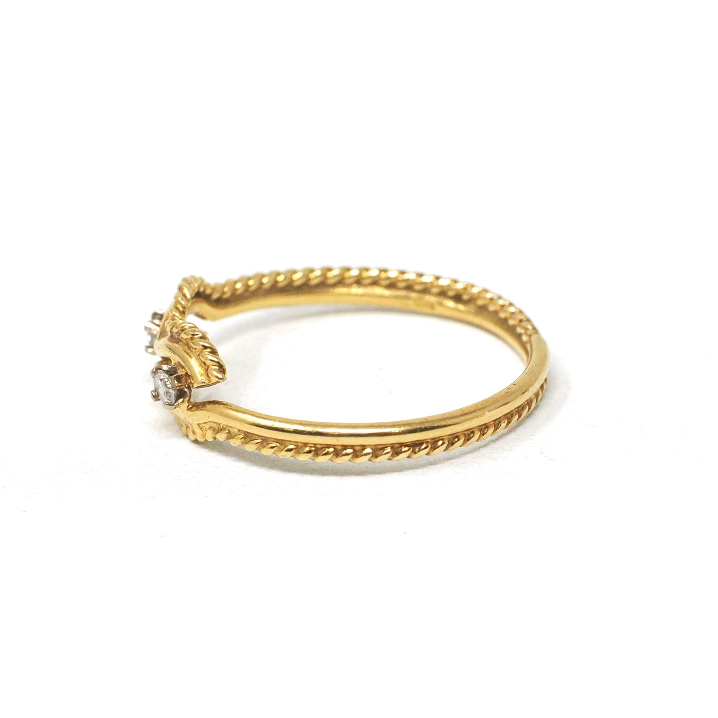Diamond Bypass Band - Modern 18k Yellow Gold Two Stone .05 CTW Love Knot Ring - Circa 2000s Era Size 8 Fine Rope Stacking Statement Jewelry