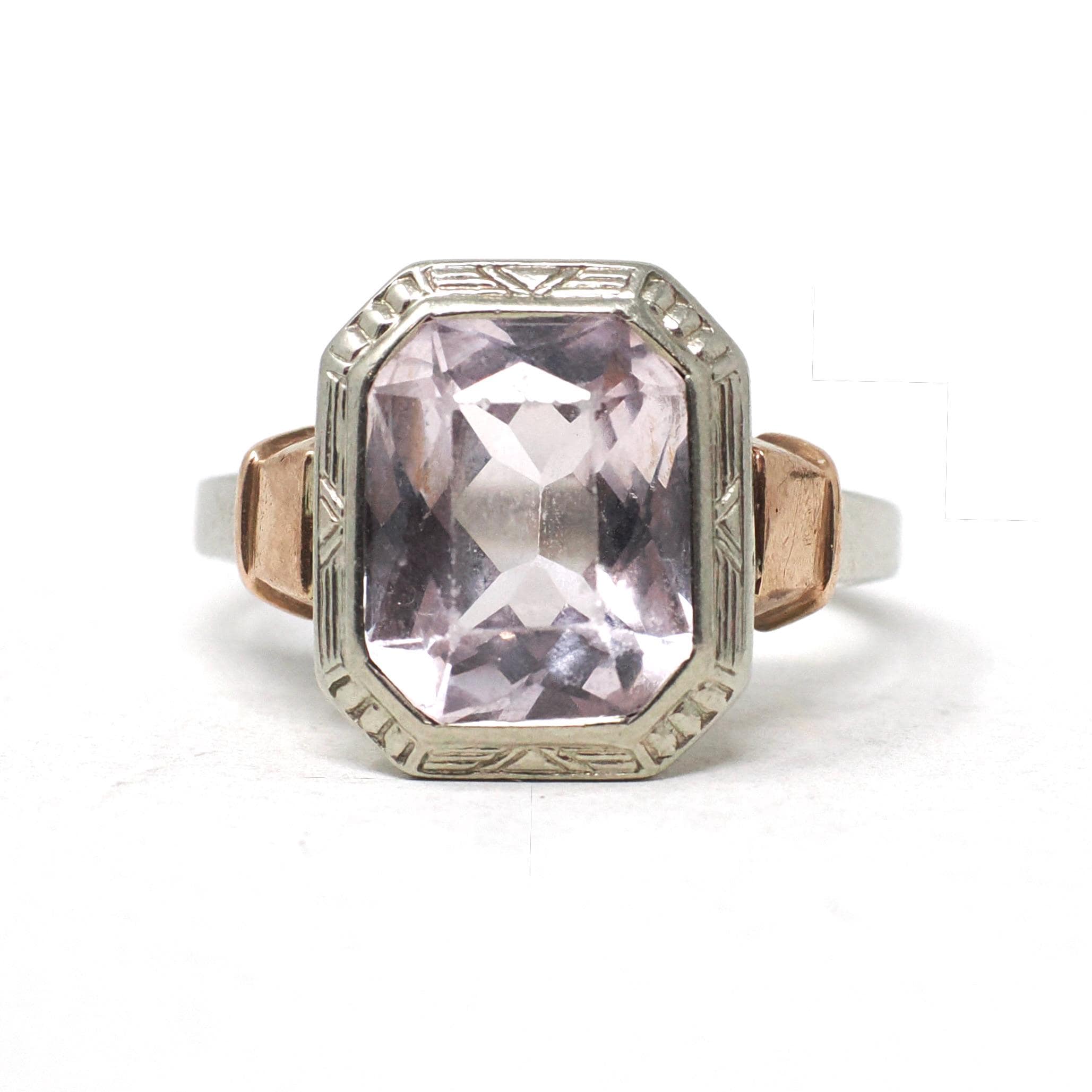 Created Spinel Ring - Vintage 10k White & Rose Gold Pink Faceted Gemstone - Art Deco Circa 1930s Size 5 1/4 Two Tone Fine Statement Jewelry