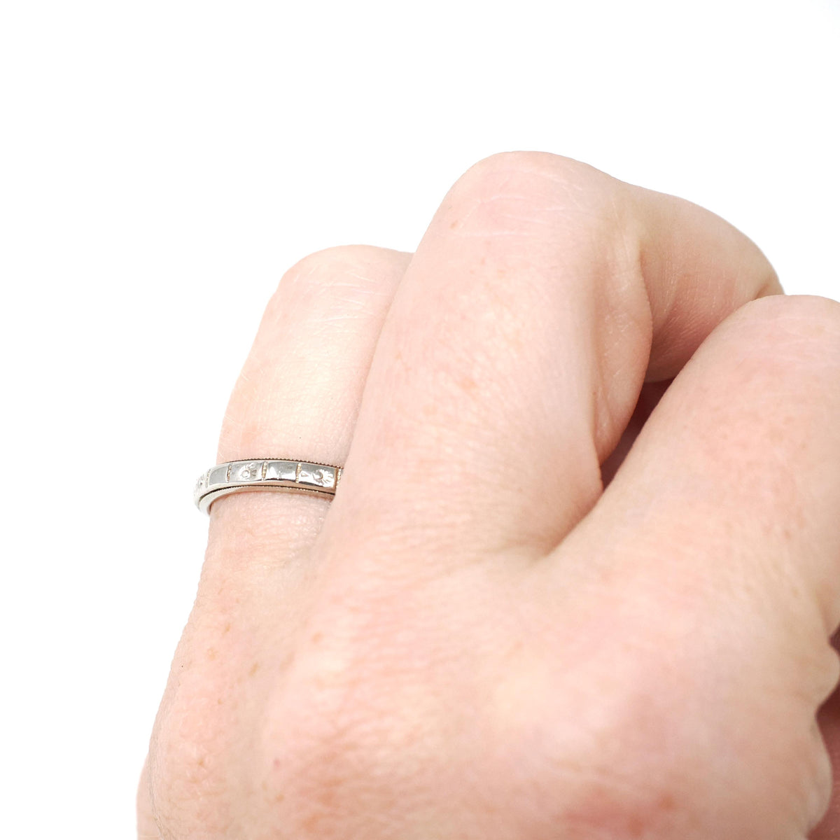 Art Deco Band - Vintage 14k White Gold Orange Blossom Engraved Design Ring - Circa 1930s Size 4 3/4 Wedding Bridal Fine Statement Jewelry