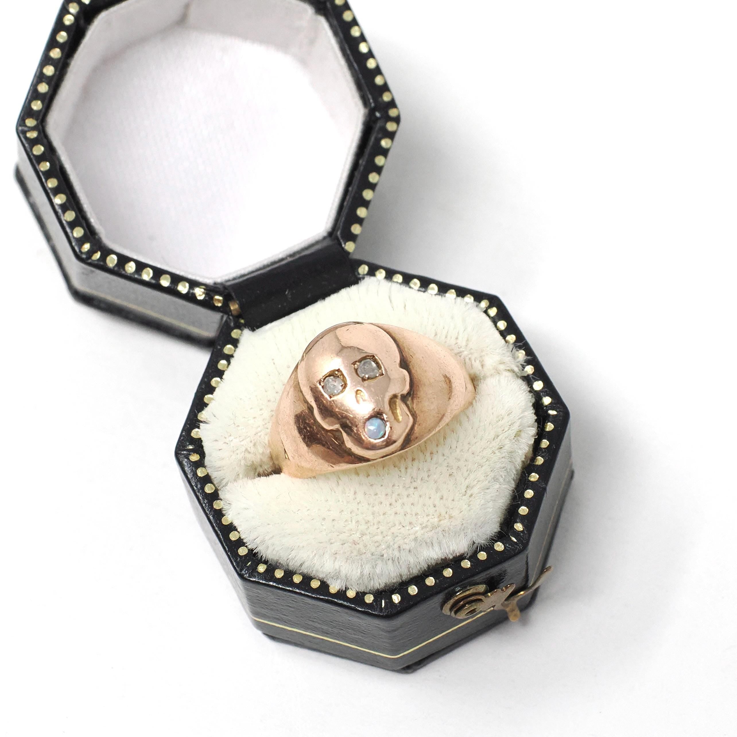 Skull Signet Ring - Antique 10k Rose Gold Natural Diamond & Opal Gemstones - Victorian Circa 1890s Era Size 3 1/2 Fine Statement Jewelry