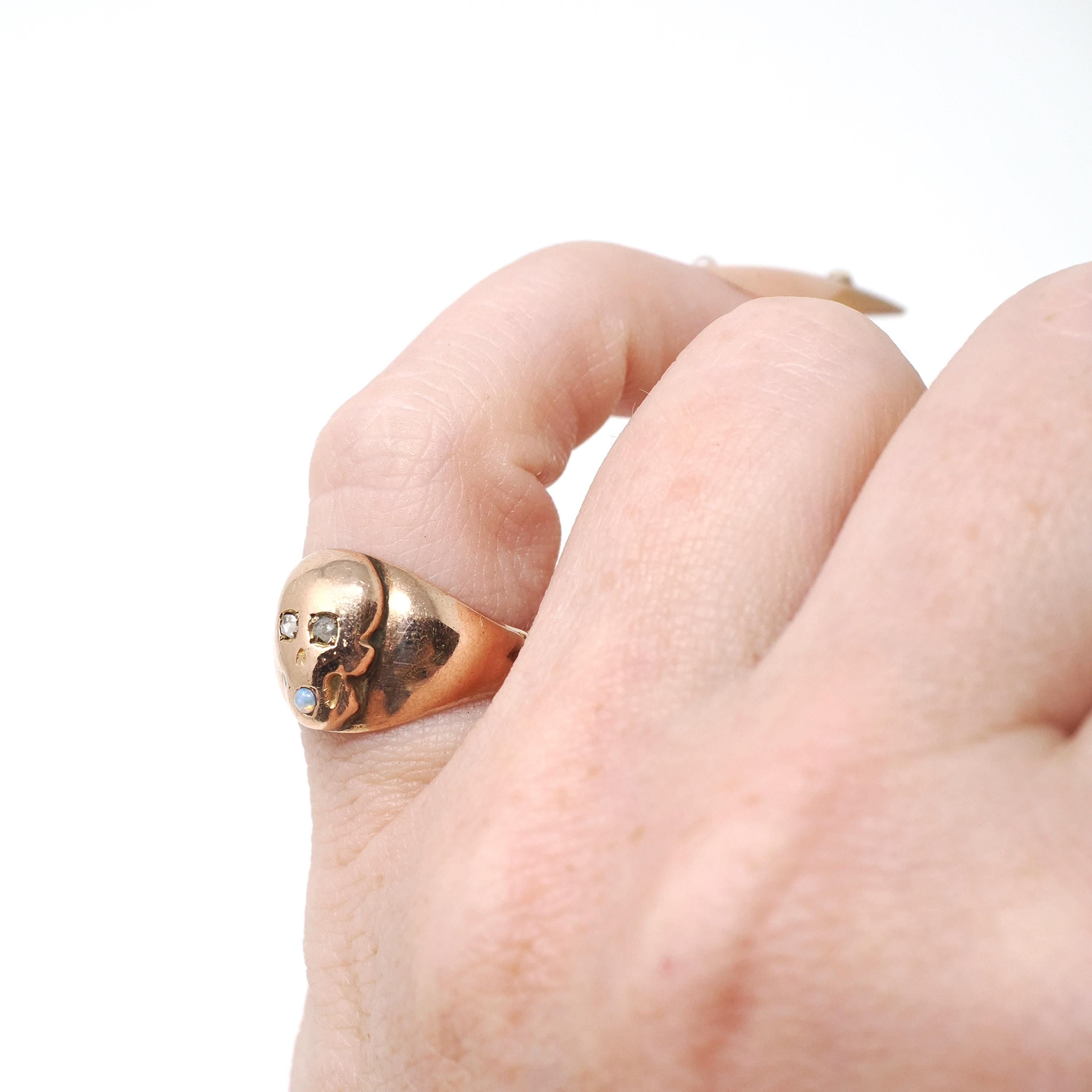 Skull Signet Ring - Antique 10k Rose Gold Natural Diamond & Opal Gemstones - Victorian Circa 1890s Era Size 3 1/2 Fine Statement Jewelry