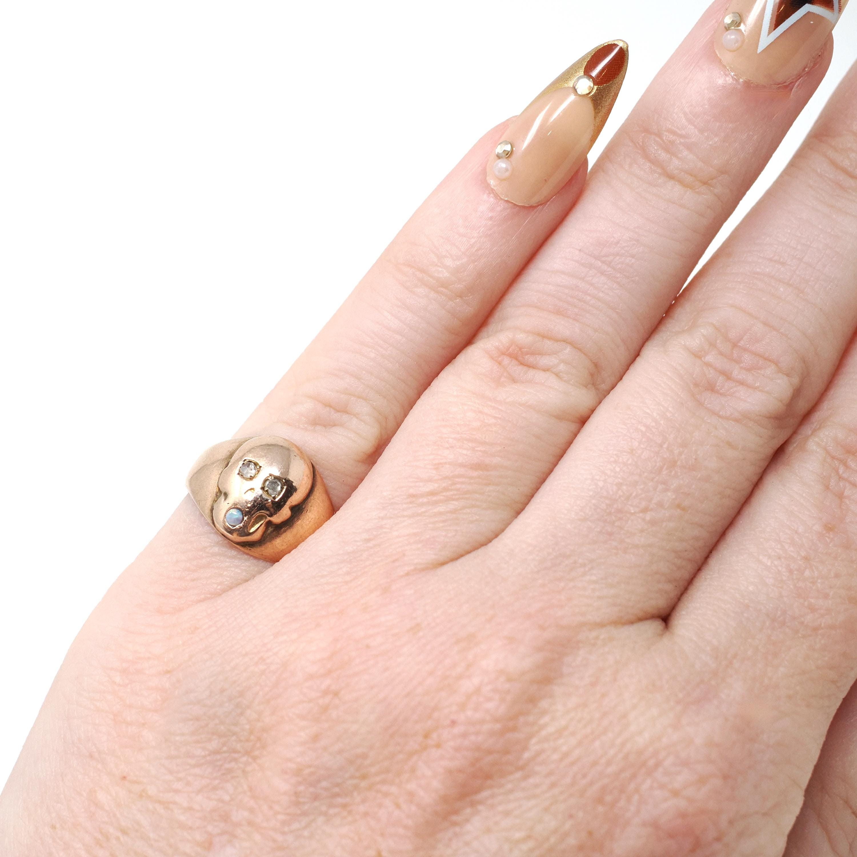 Skull Signet Ring - Antique 10k Rose Gold Natural Diamond & Opal Gemstones - Victorian Circa 1890s Era Size 3 1/2 Fine Statement Jewelry