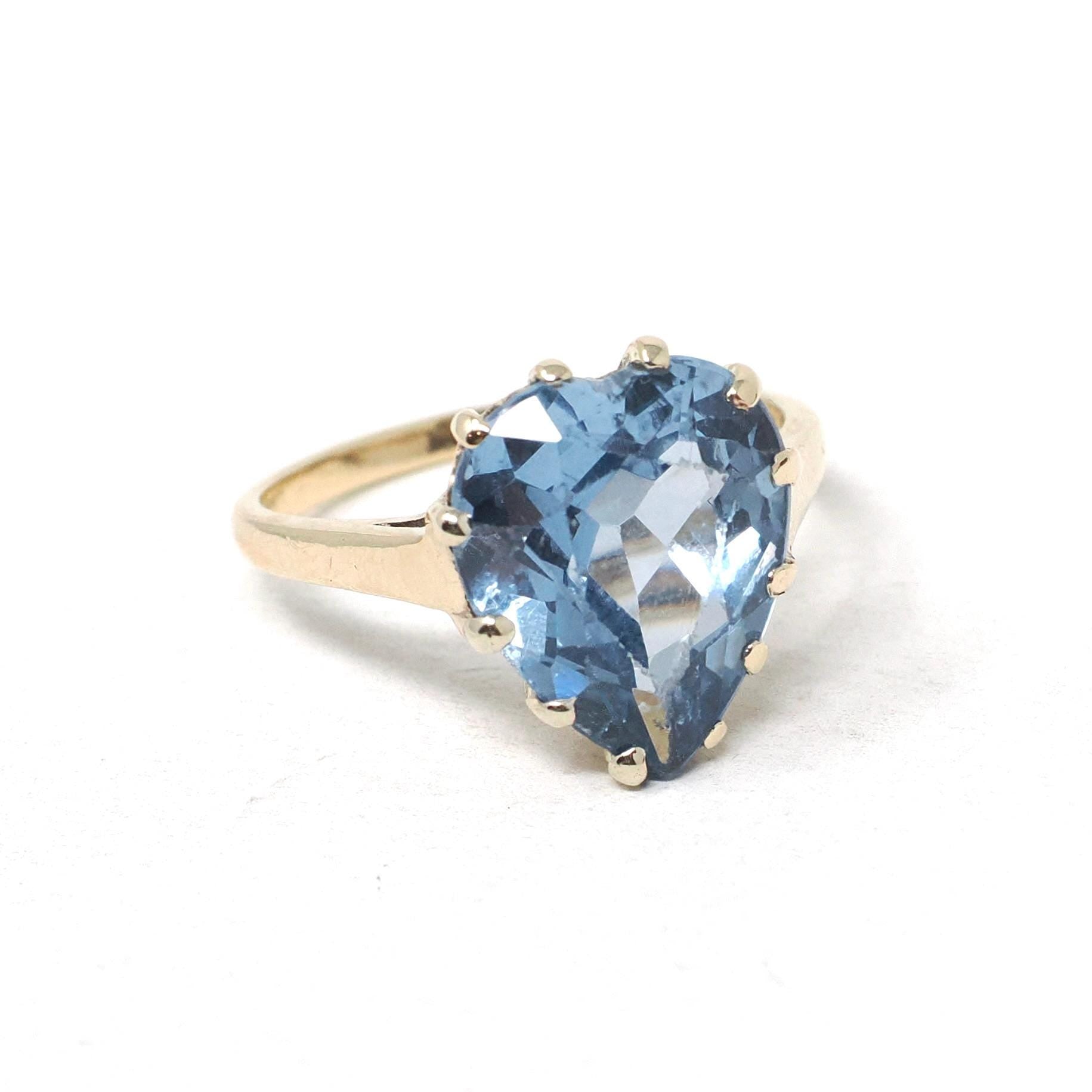 Vintage Heart Ring - Mid Century 10k Yellow Gold Created Blue Spinel Gemstone - Circa 1940s Era Size 6 1/2 Statement Love Fine Jewelry