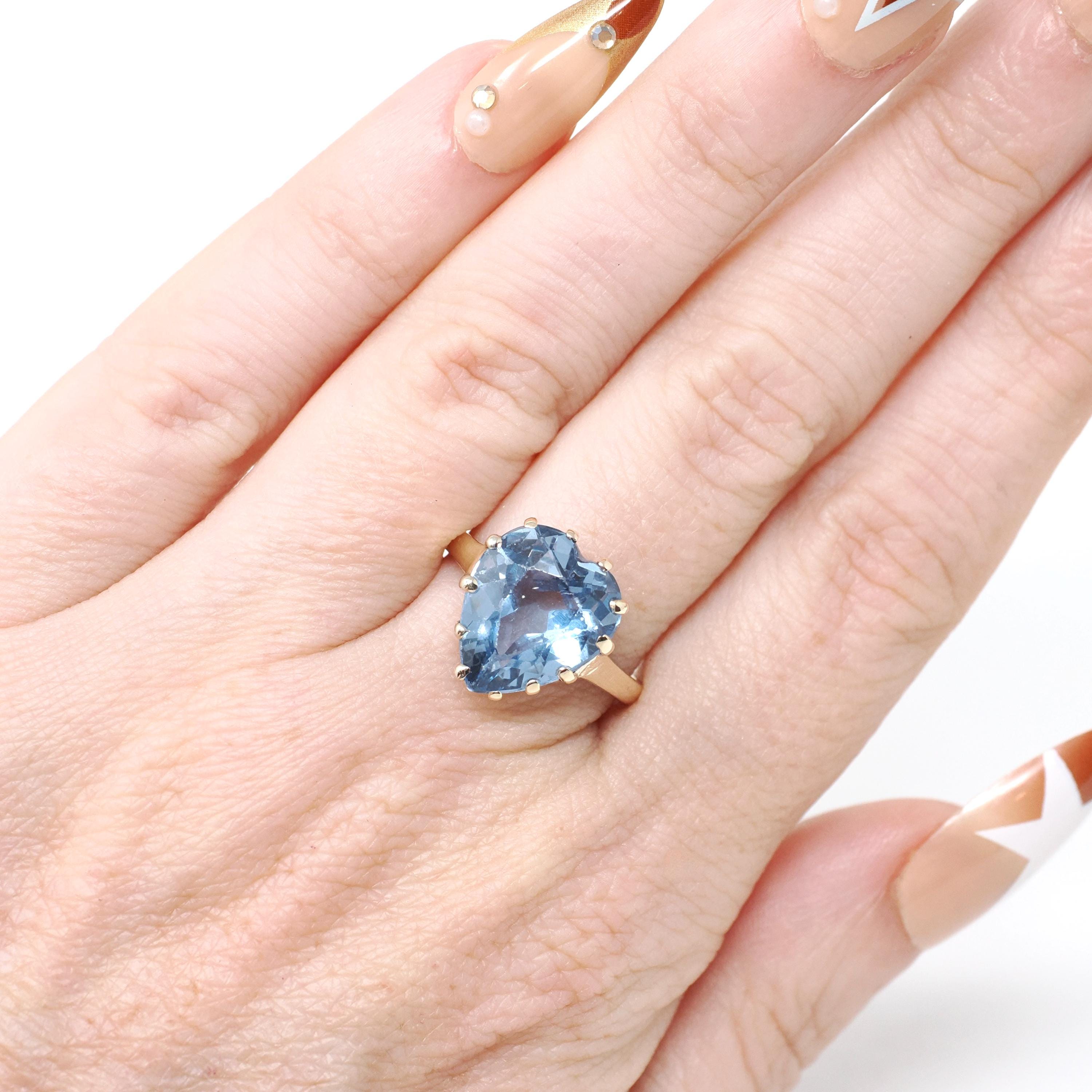 Vintage Heart Ring - Mid Century 10k Yellow Gold Created Blue Spinel Gemstone - Circa 1940s Era Size 6 1/2 Statement Love Fine Jewelry