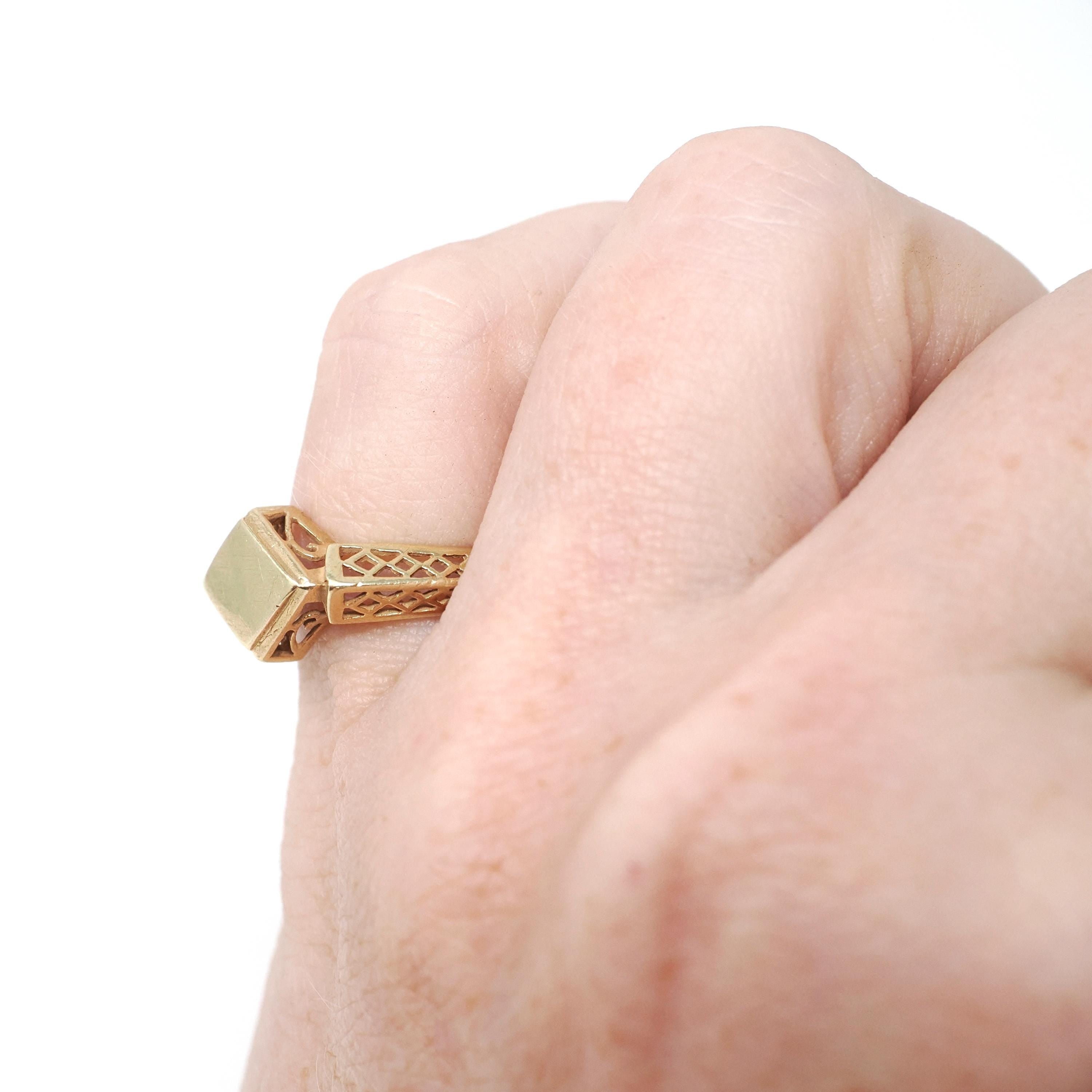 Edwardian Blank Signet - Antique 14k Yellow Gold Lozenge Shaped Ring - Circa 1910s Era Size 3 3/4 Filigree Fine Engravable Statement Jewelry