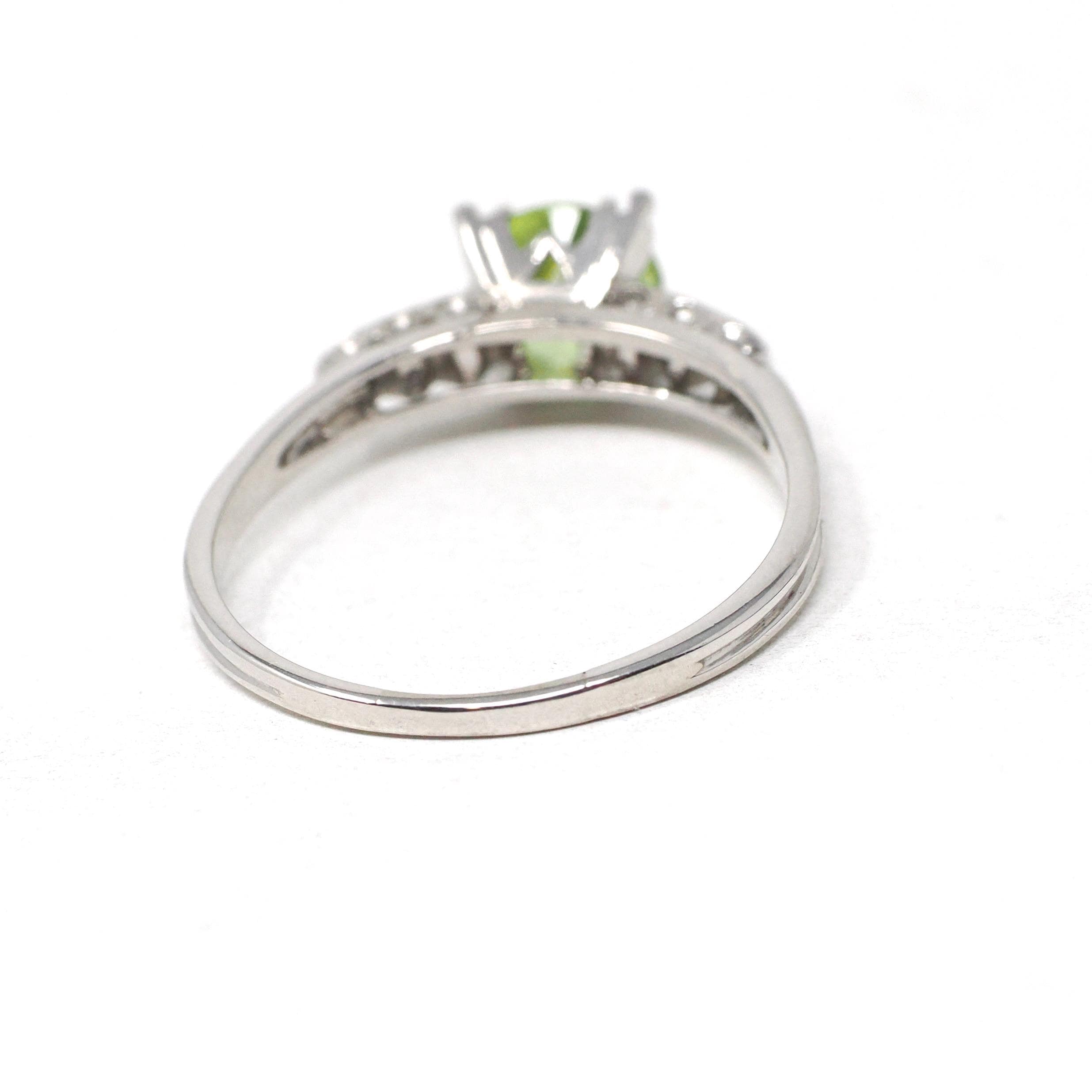Vintage Peridot Ring - Mid Century 14k White Gold Natural Green Gemstone - Circa 1950s Era Size 8 Illusion Solitaire Engagement Fine Jewelry