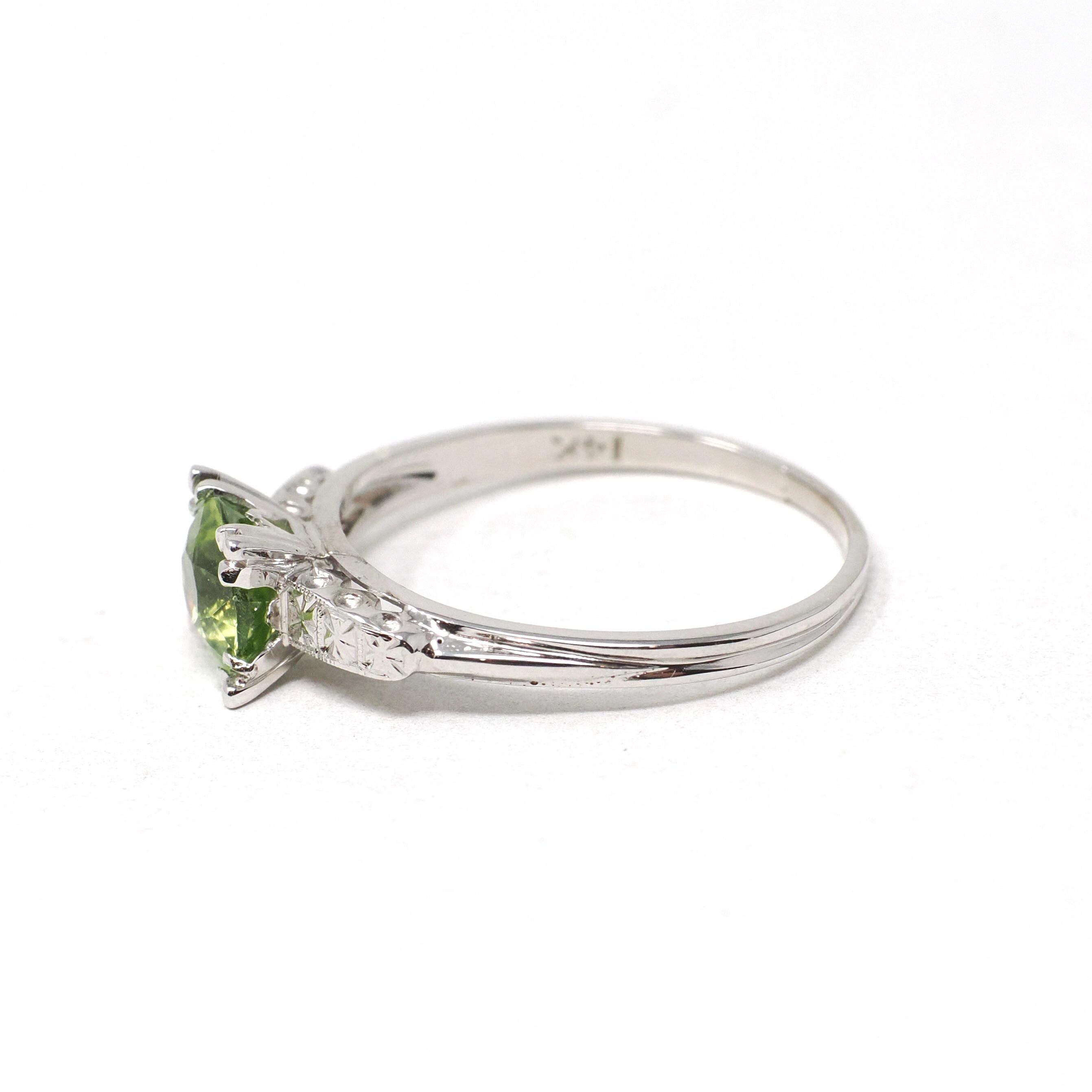 Vintage Peridot Ring - Mid Century 14k White Gold Natural Green Gemstone - Circa 1950s Era Size 8 Illusion Solitaire Engagement Fine Jewelry