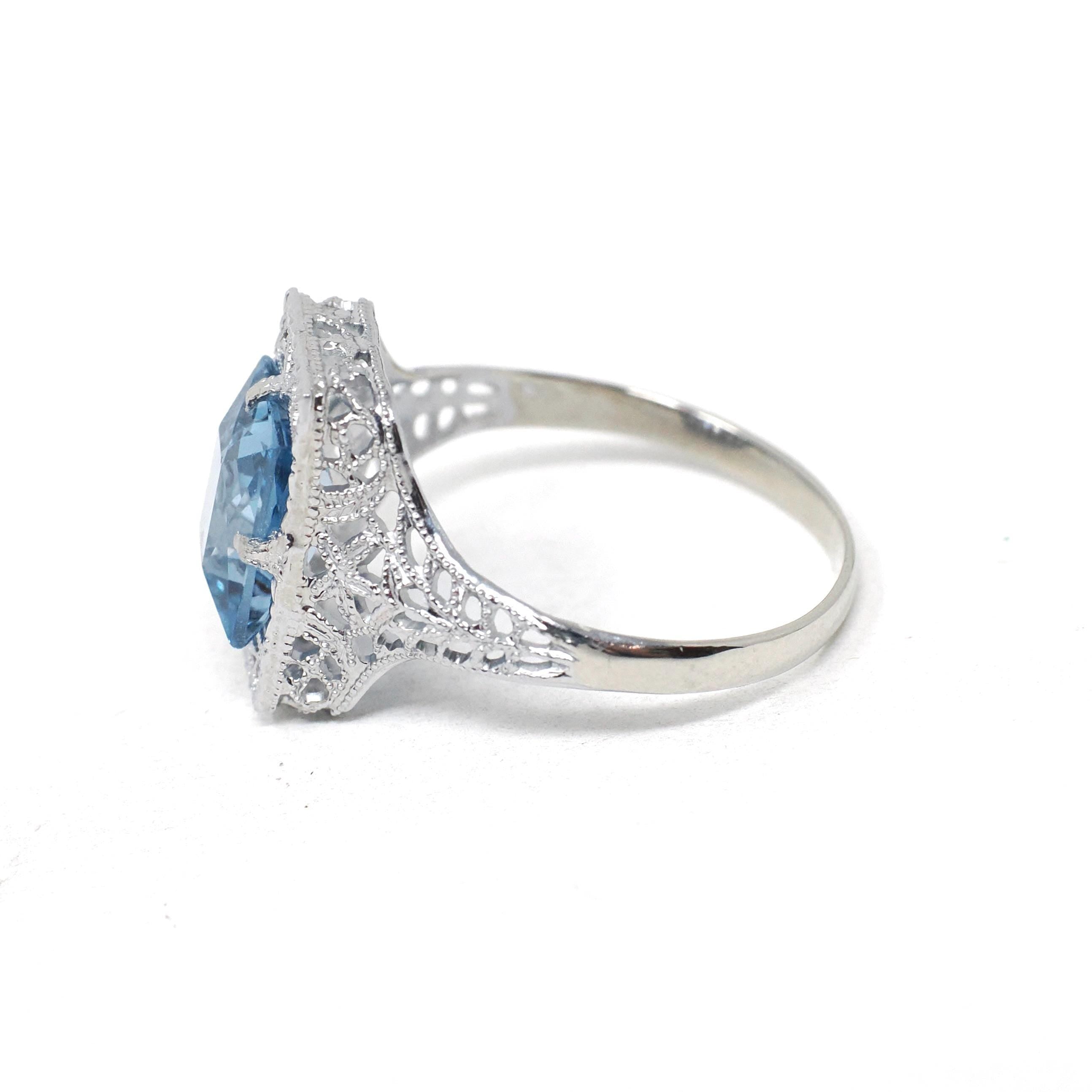 Art Deco Filigree Ring - Vintage 14k White Gold French Cut Created Blue Spinel Solitaire - Circa 1930s Size 6 Fine August Birthstone Jewelry