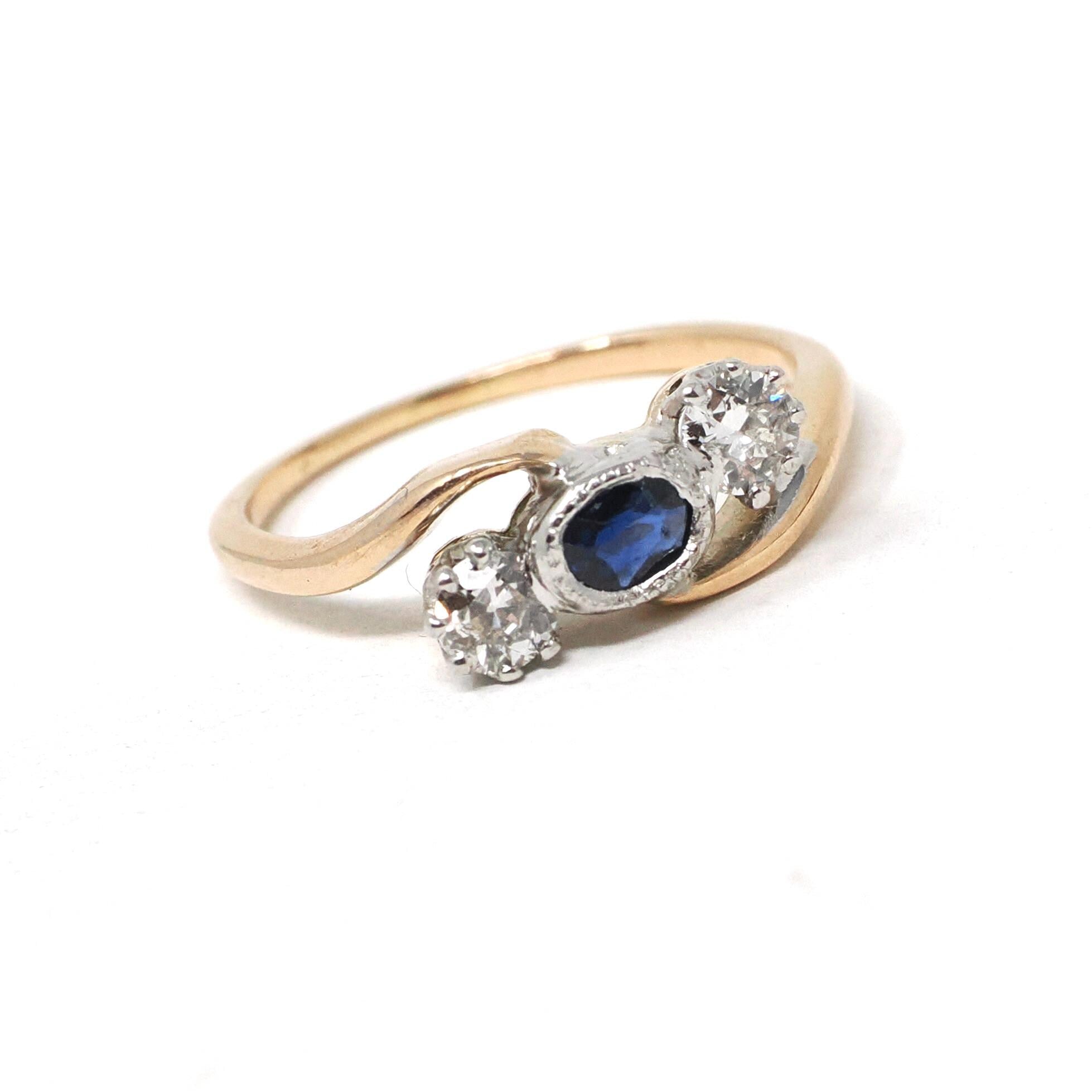 Edwardian Engagement Ring - Antique 14k Rosy Yellow Gold & Platinum Sapphire Diamond Bypass - Circa 1910s Era Size 7 Fine Statement Jewelry