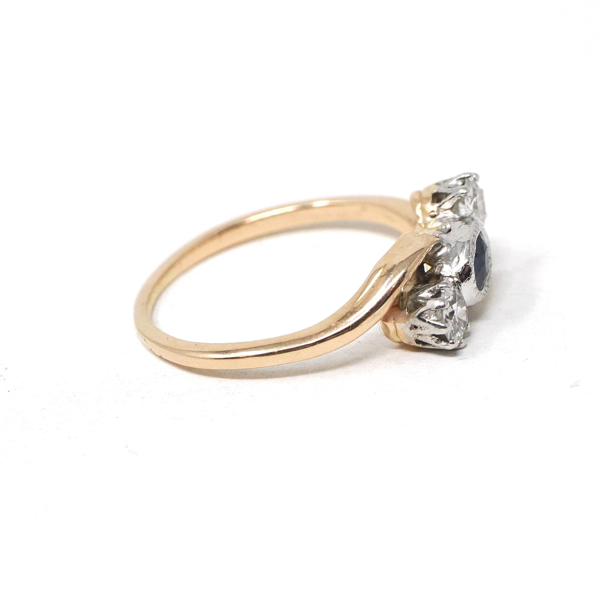 Edwardian Engagement Ring - Antique 14k Rosy Yellow Gold & Platinum Sapphire Diamond Bypass - Circa 1910s Era Size 7 Fine Statement Jewelry
