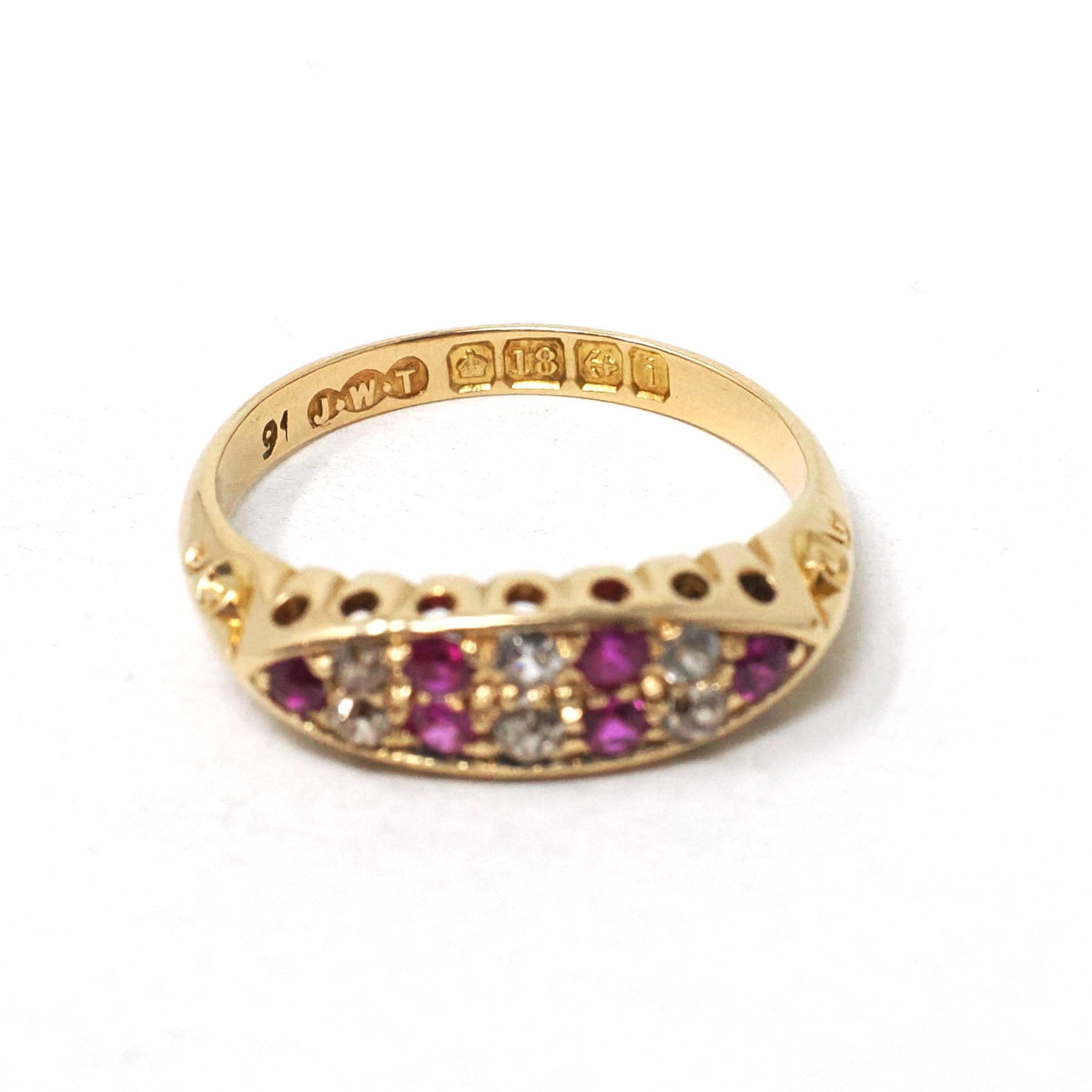 Antique Gemstone Ring - Edwardian 18k Yellow Gold Created Rubies & Diamond Band - Hallmarked 1910 Size 6 1/2 Fine English Statement Jewelry