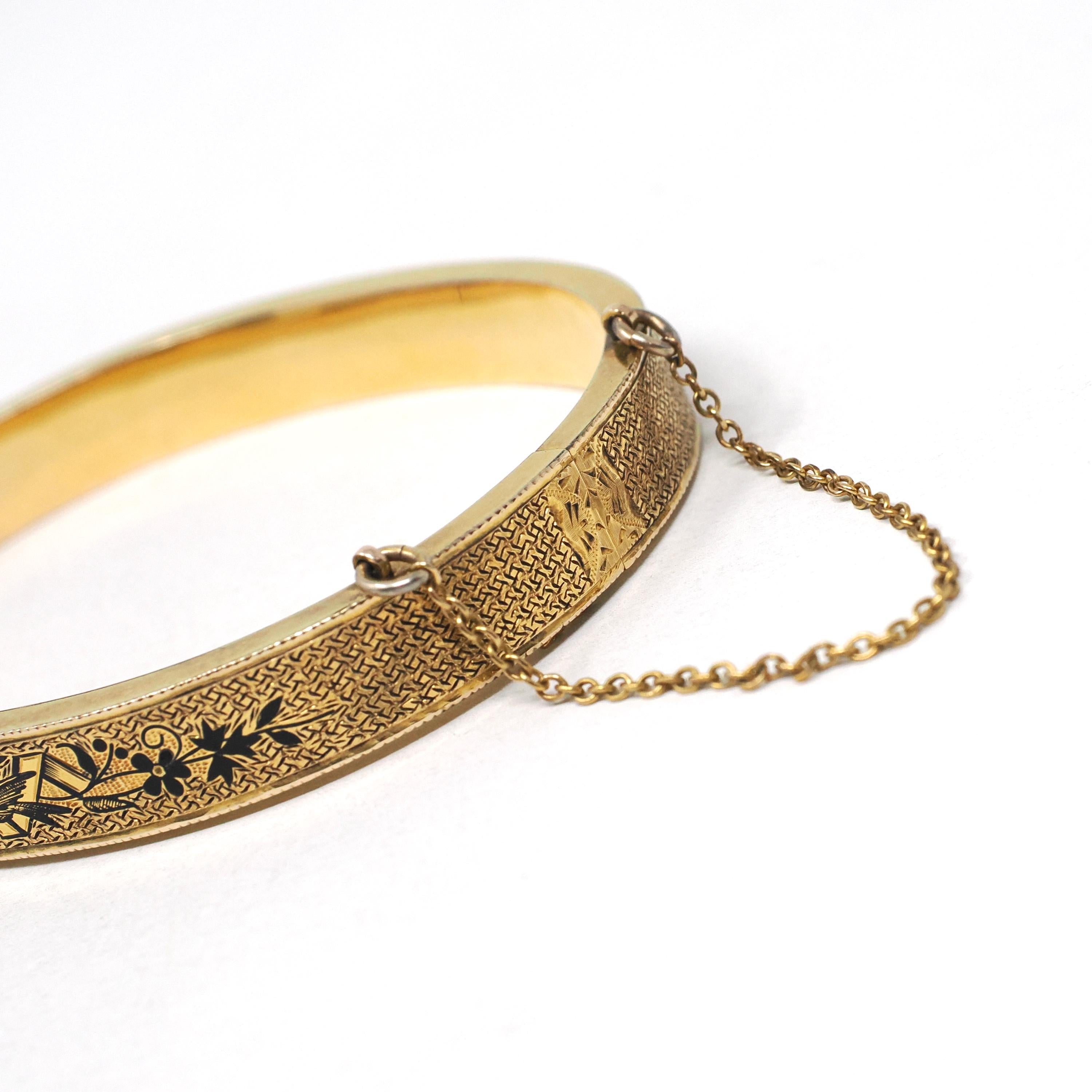 Antique Enamel Bracelet - Victorian 10k Yellow Gold Black Taille D'epargnē Hinged Bangle - Vintage Circa 1880s Hinged Statement Fine Jewelry