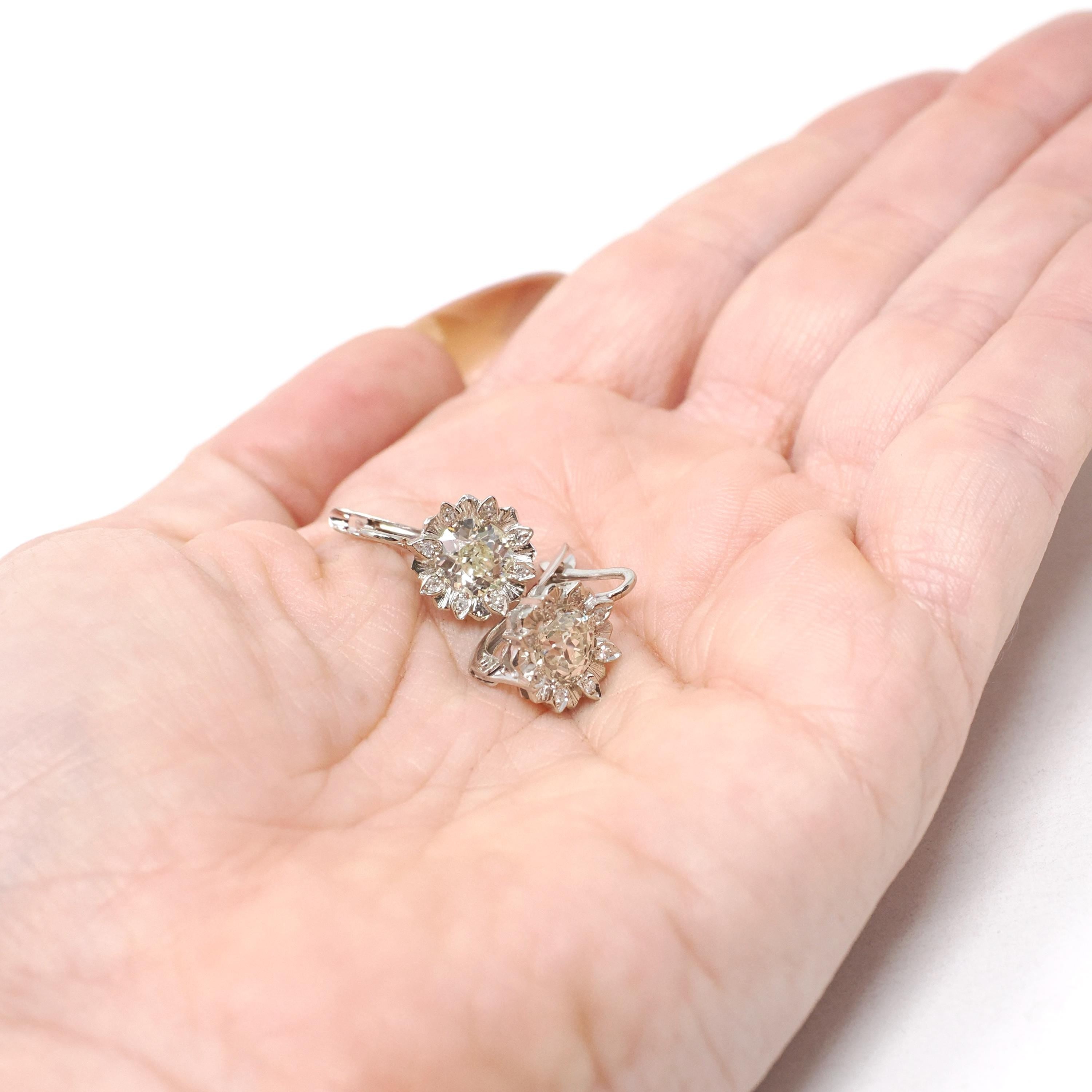 Diamond Sunflower Earrings - Modern 18k White Gold 2.04 CTW Natural Old Euro Cut Leverback - Circa 2000s Nature Inspired Floral Fine Jewelry
