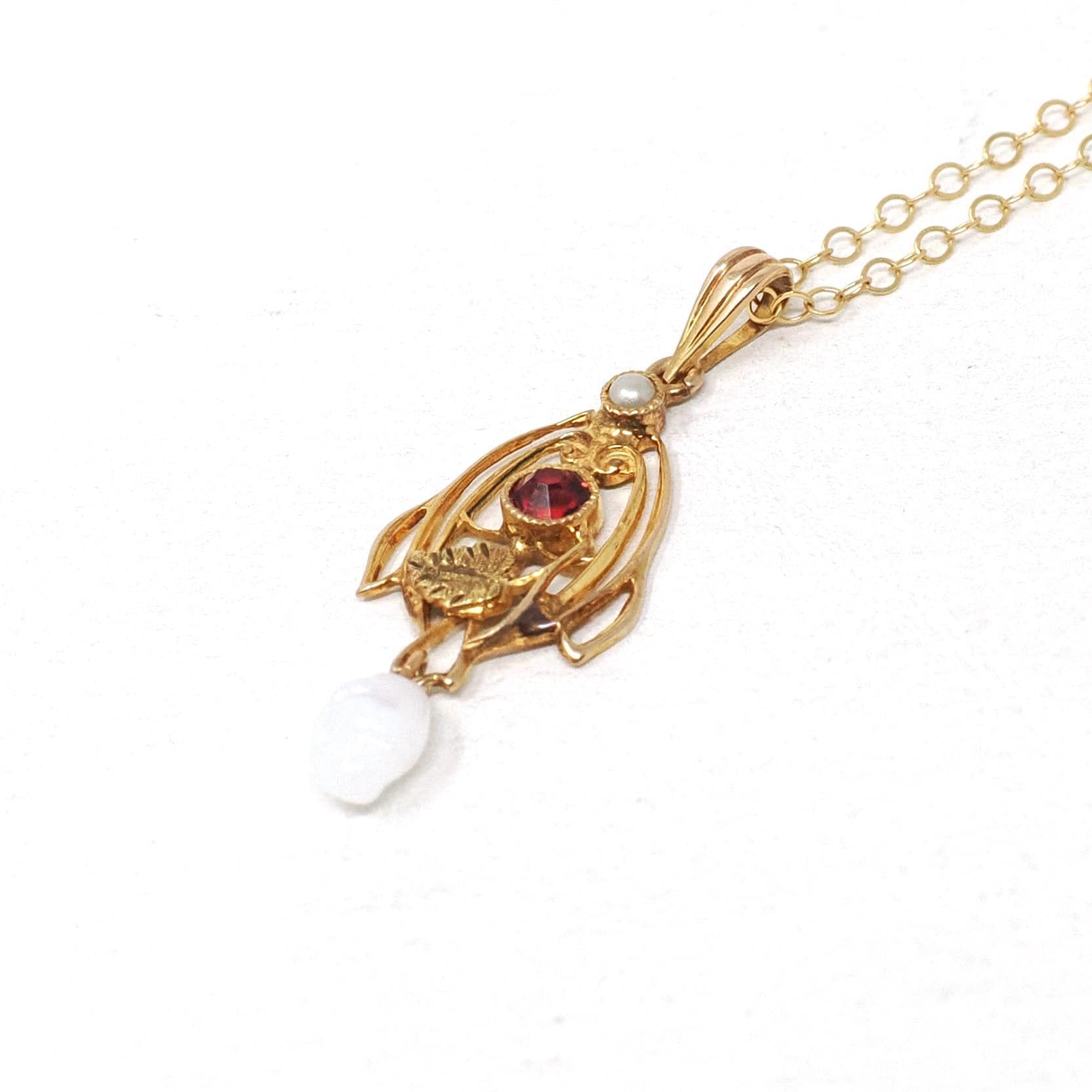 Antique Lavalier Necklace - Edwardian 10k Yellow Gold Red Glass & Seed Pearl Pendant - Circa 1910s Era Simulated Baroque Pearl Fine Jewelry