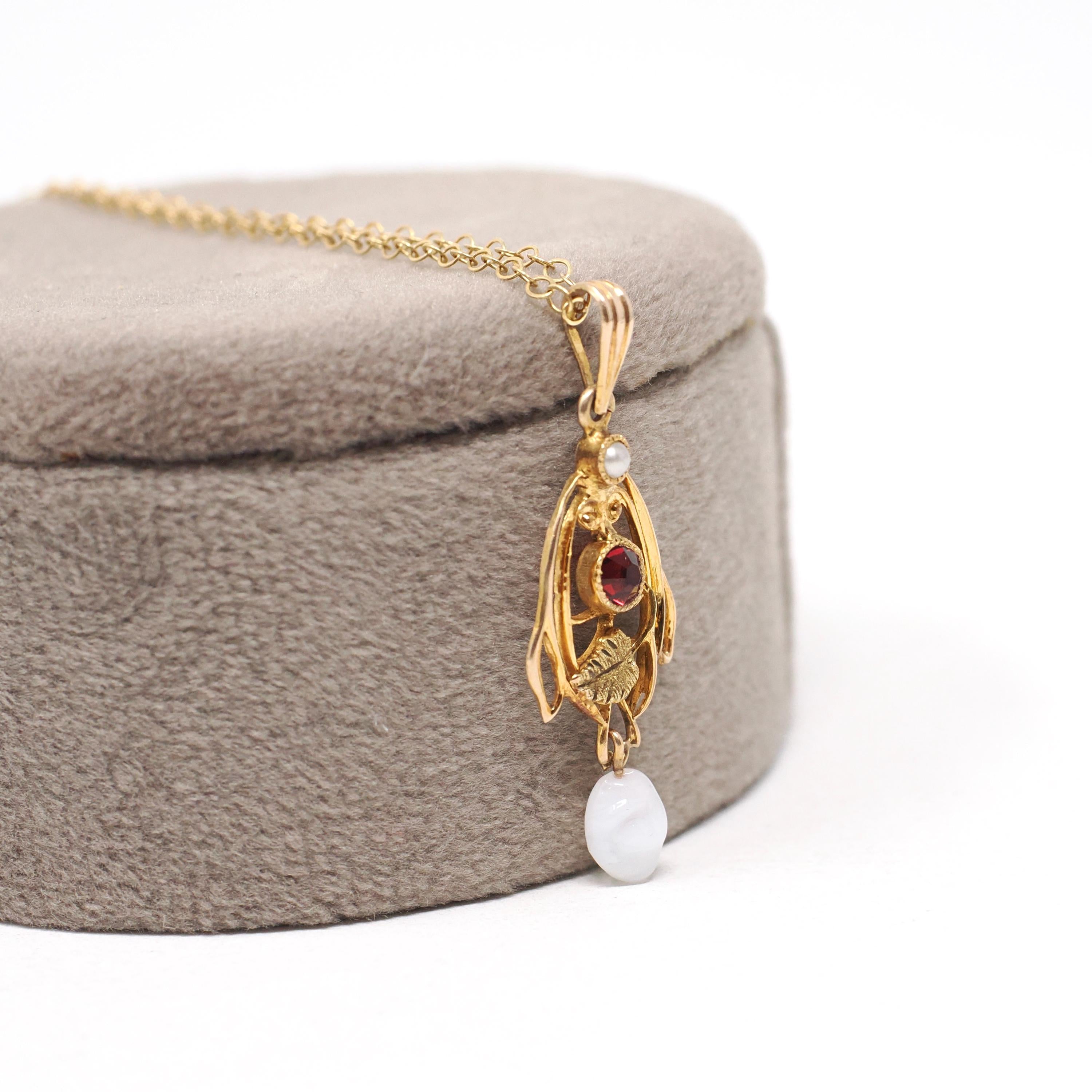 Antique Lavalier Necklace - Edwardian 10k Yellow Gold Red Glass & Seed Pearl Pendant - Circa 1910s Era Simulated Baroque Pearl Fine Jewelry