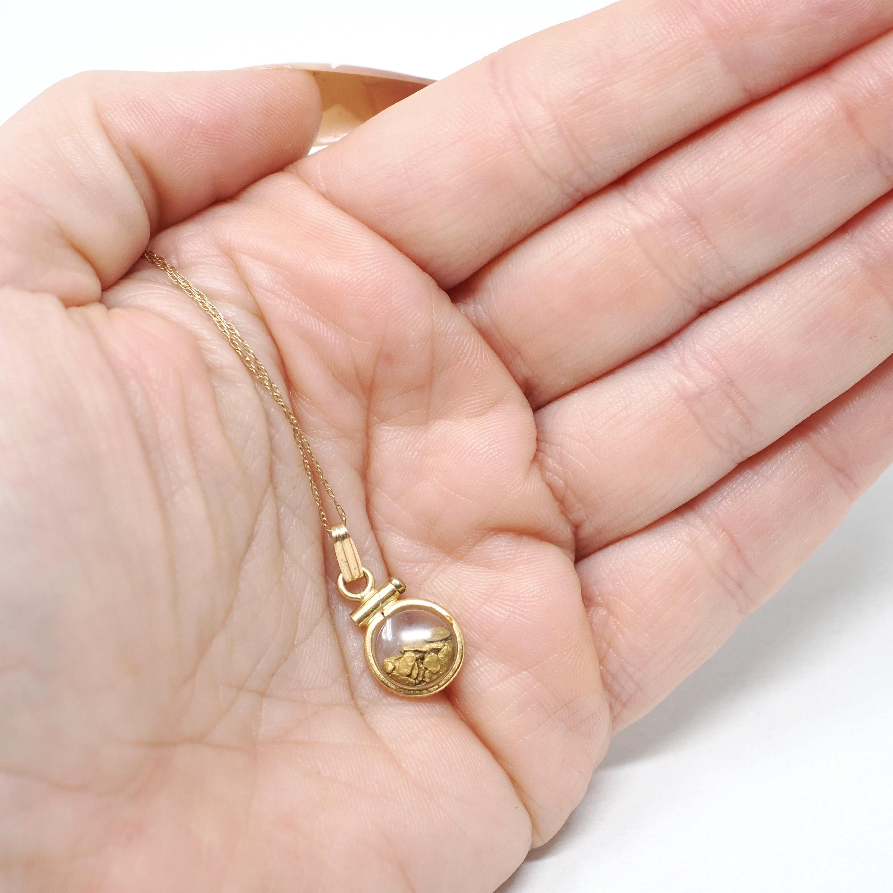 Gold Nugget Necklace - Estate 14k Yellow Gold Shaker Fob Charm Pendant - Modern Circa 1980s Era Alaskan Gold Rush Flakes Souvenir Jewelry