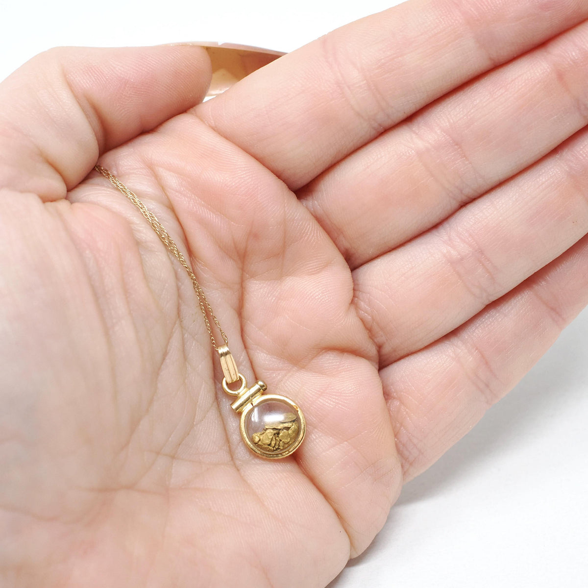 Gold Nugget Necklace - Estate 14k Yellow Gold Shaker Fob Charm Pendant - Modern Circa 1980s Era Alaskan Gold Rush Flakes Souvenir Jewelry