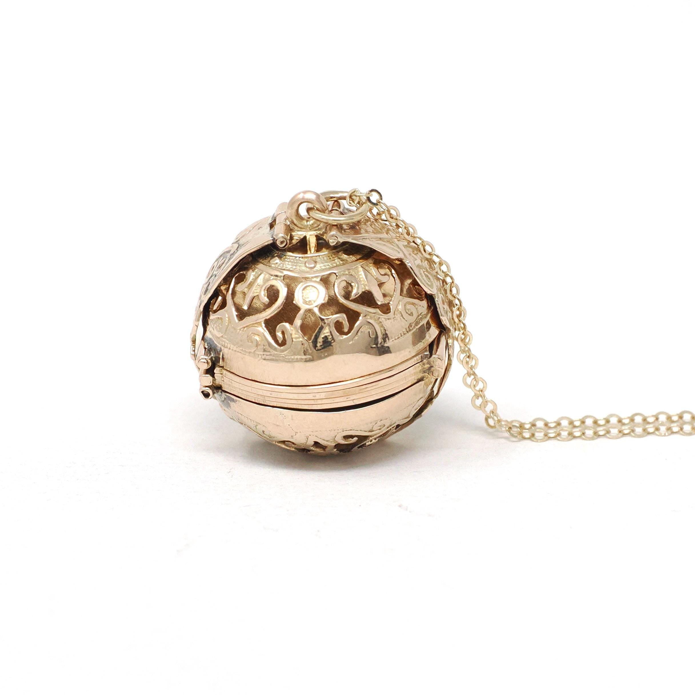 Vintage Folding Locket - 14k Yellow Gold Six Photos Pendant Ornate Ball Globe Fob - Victorian Style Hinged Rare Filigree Unique Fine Jewelry