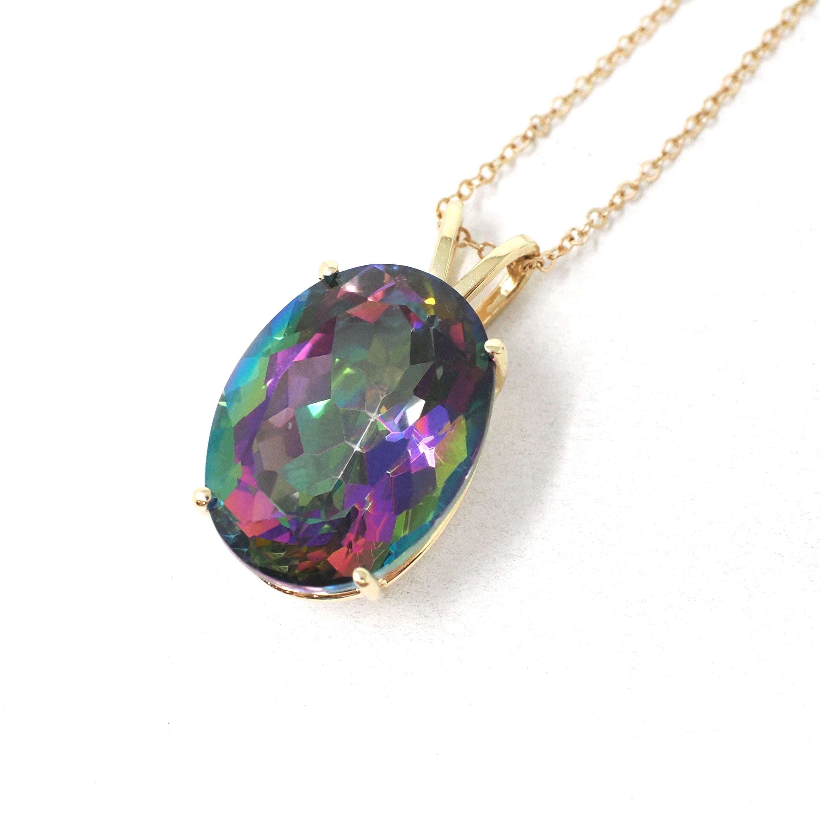 Mystic Topaz Pendant - Estate 14k Yellow Gold Oval Faceted 22.72 CT Rainbow Gem - Modern Circa 2000's Era Statement Necklace Fine Jewelry