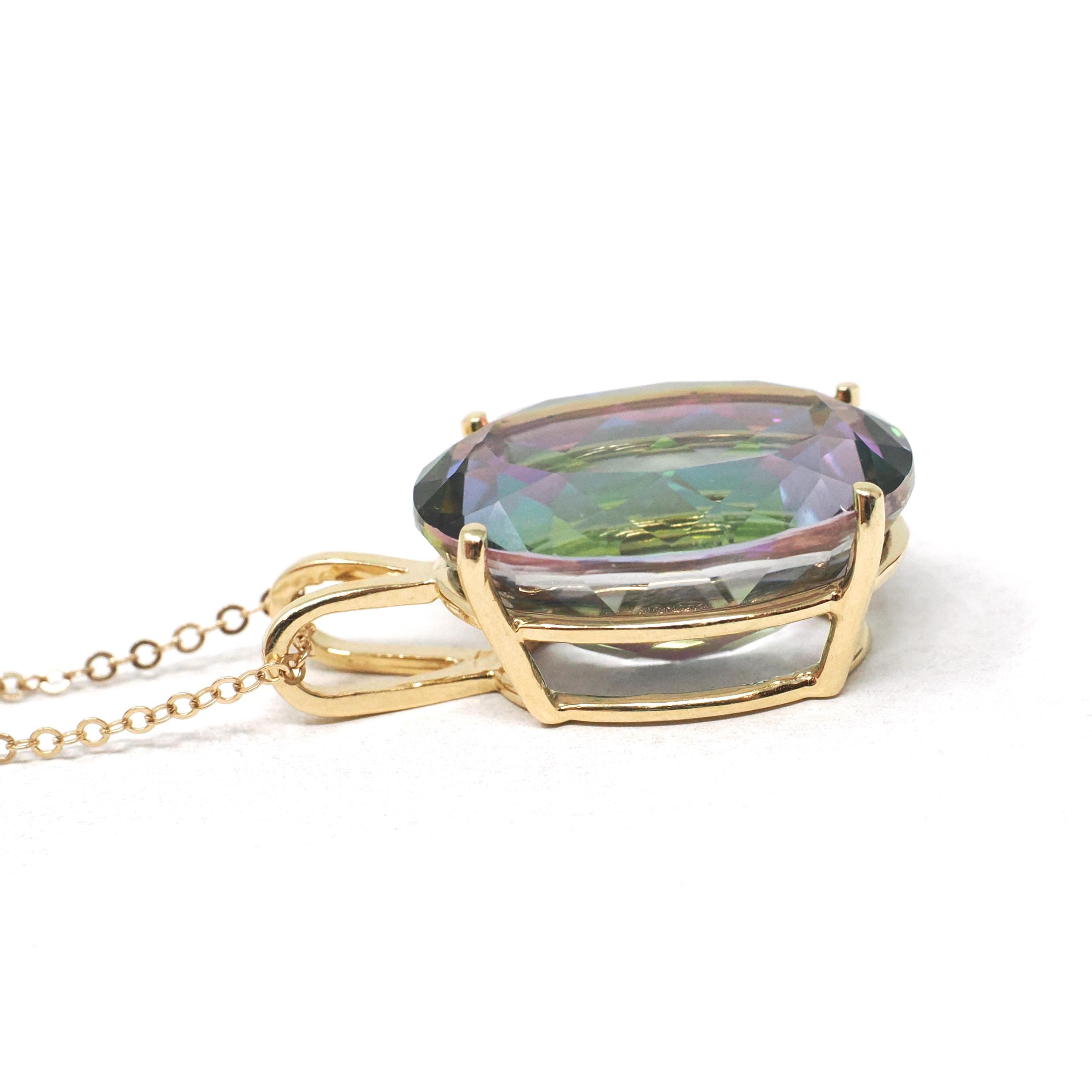Mystic Topaz Pendant - Estate 14k Yellow Gold Oval Faceted 22.72 CT Rainbow Gem - Modern Circa 2000's Era Statement Necklace Fine Jewelry