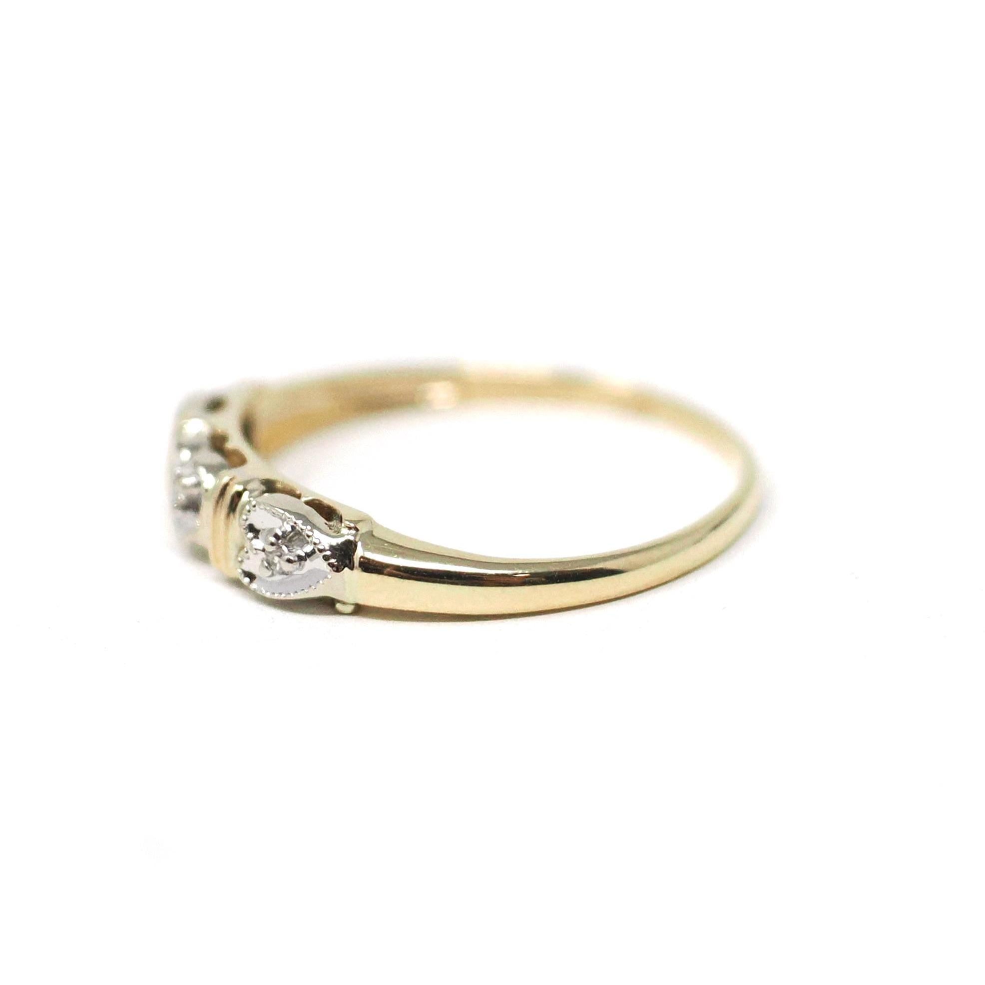 Heart Wedding Band - Estate 14k Yellow & White Gold Natural Diamond Accent - Circa 1940s Era Size 6 Bridal Two Tone Sweet Love Fine Jewelry