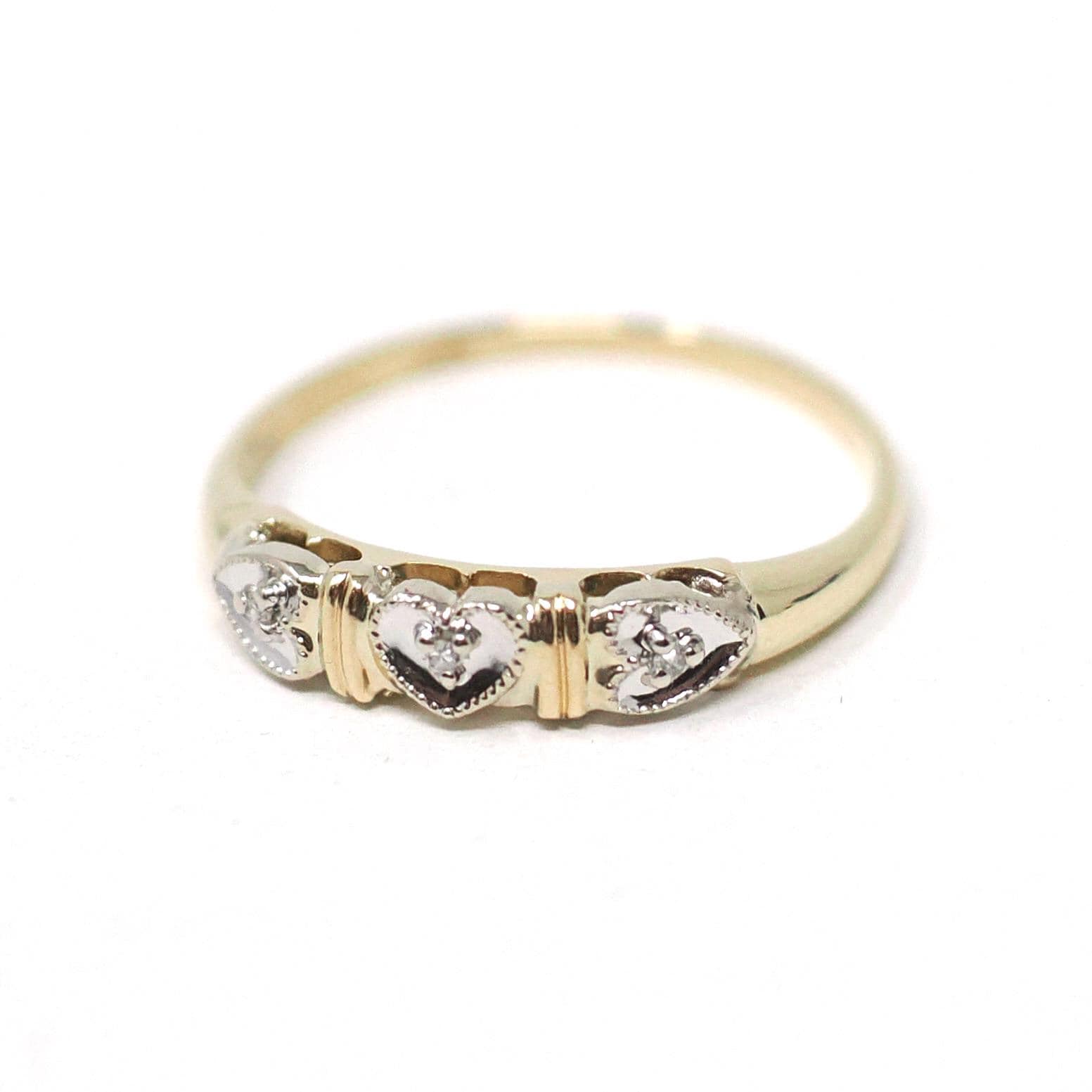 Heart Wedding Band - Estate 14k Yellow & White Gold Natural Diamond Accent - Circa 1940s Era Size 6 Bridal Two Tone Sweet Love Fine Jewelry