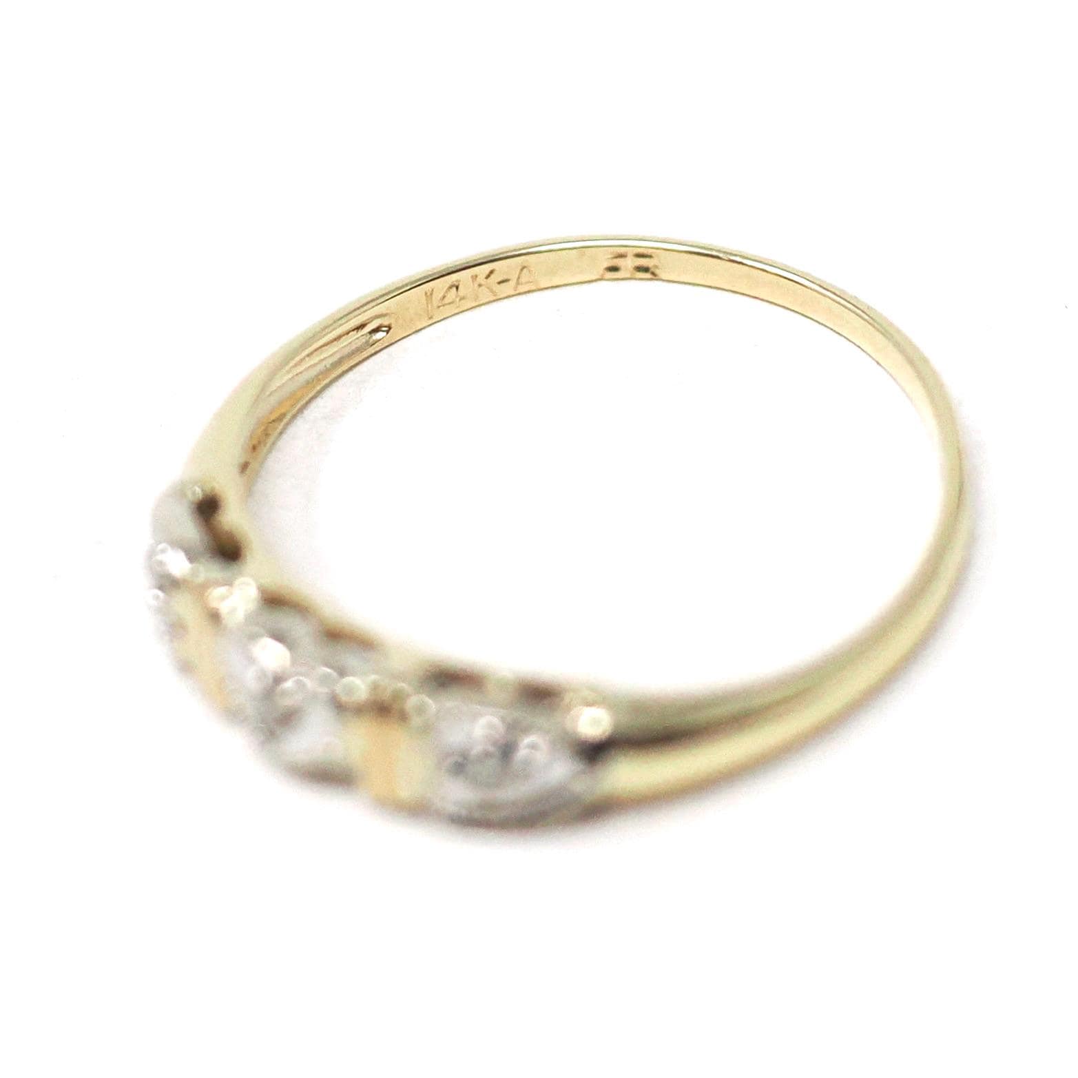 Heart Wedding Band - Estate 14k Yellow & White Gold Natural Diamond Accent - Circa 1940s Era Size 6 Bridal Two Tone Sweet Love Fine Jewelry